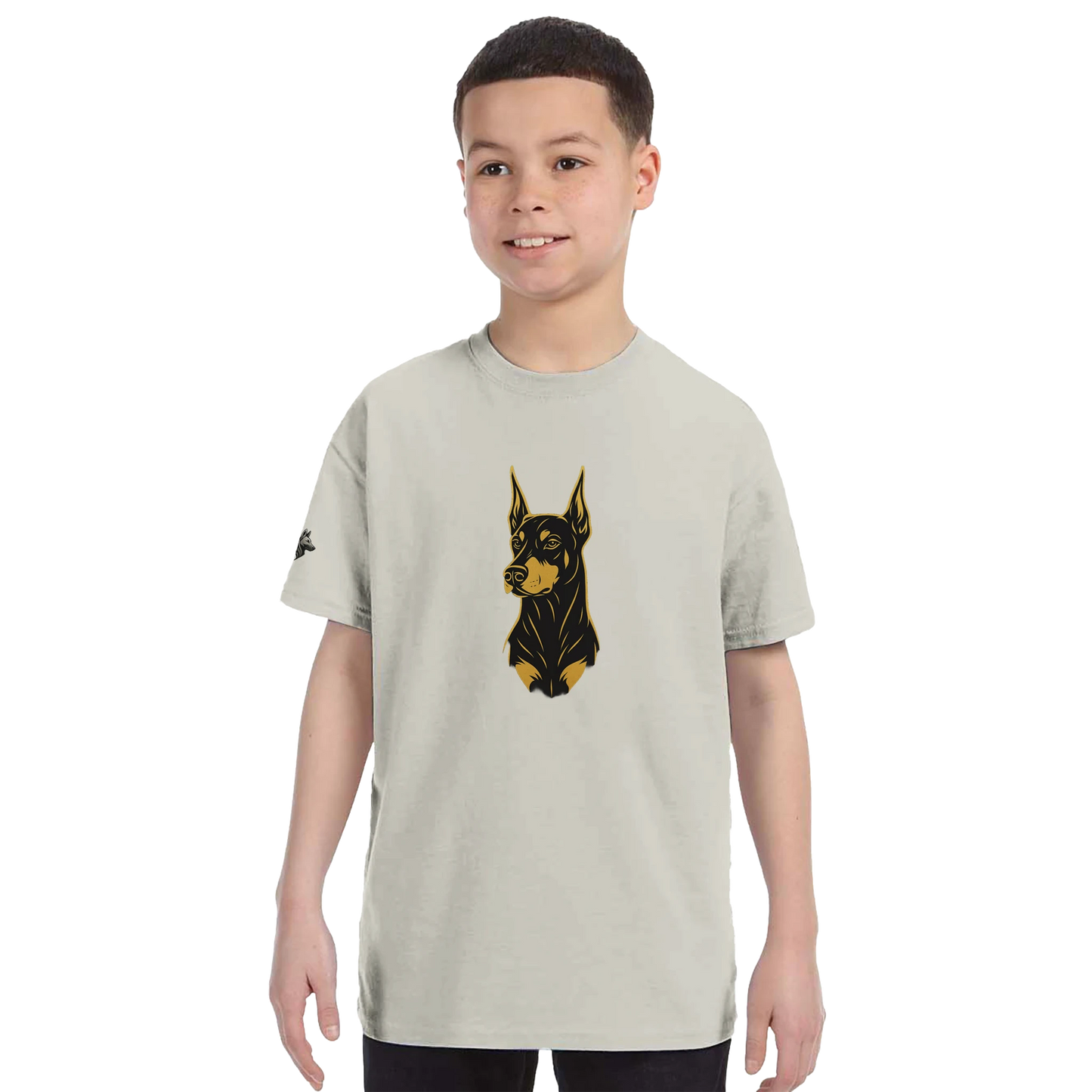 T-shirt enfant classique ras du cou tête Dobermann dorée et noire1 avec logo sur manche droite MolossDesign