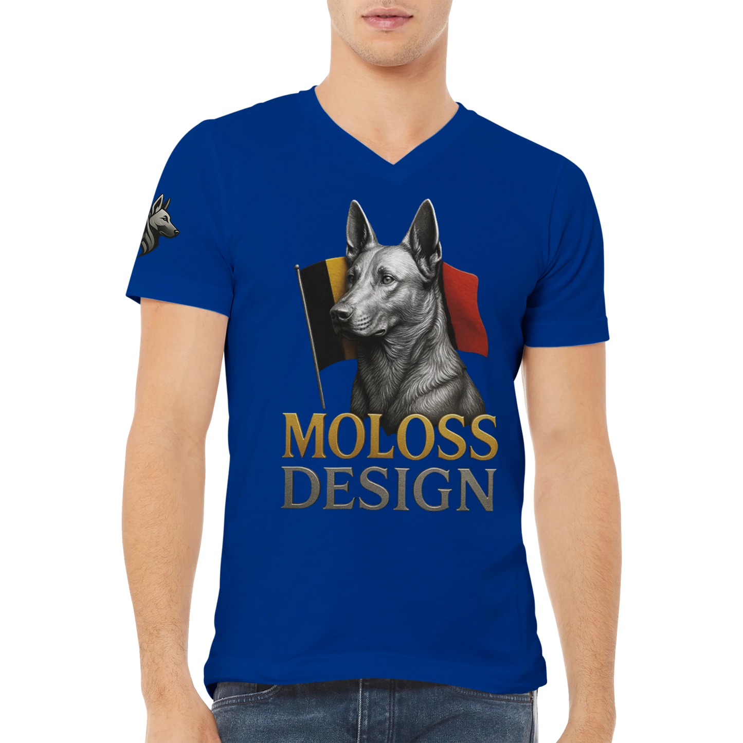 T-shirt adulte unisexe premium col en V bleu Malinois+drapeau