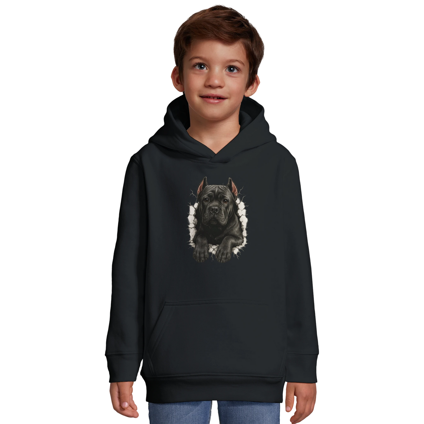 Sweat-shirt à capuche enfant noir Cane Corso trou mur