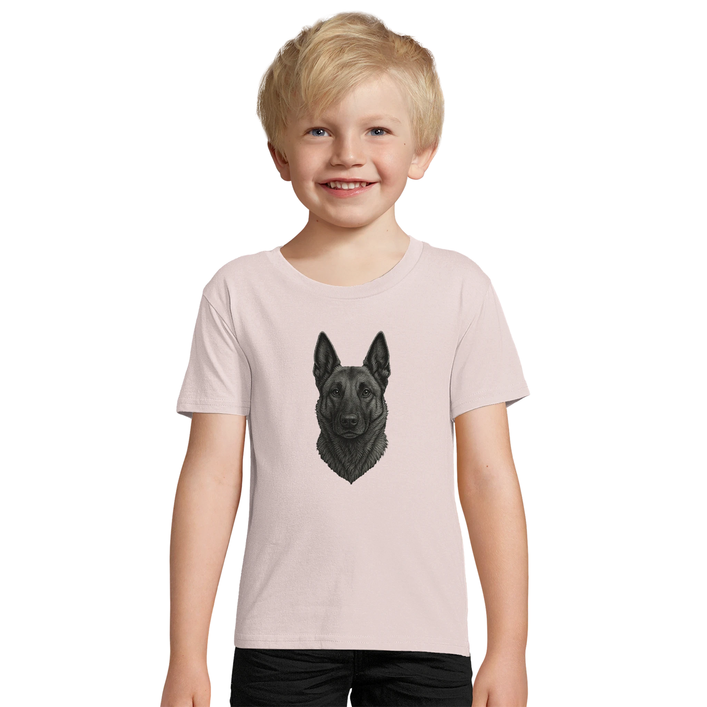 Marque MolossDesign | T-shirt enfant coton bio ajusté tête Malinois argentée1 avec logo sur le dos MolossDesign