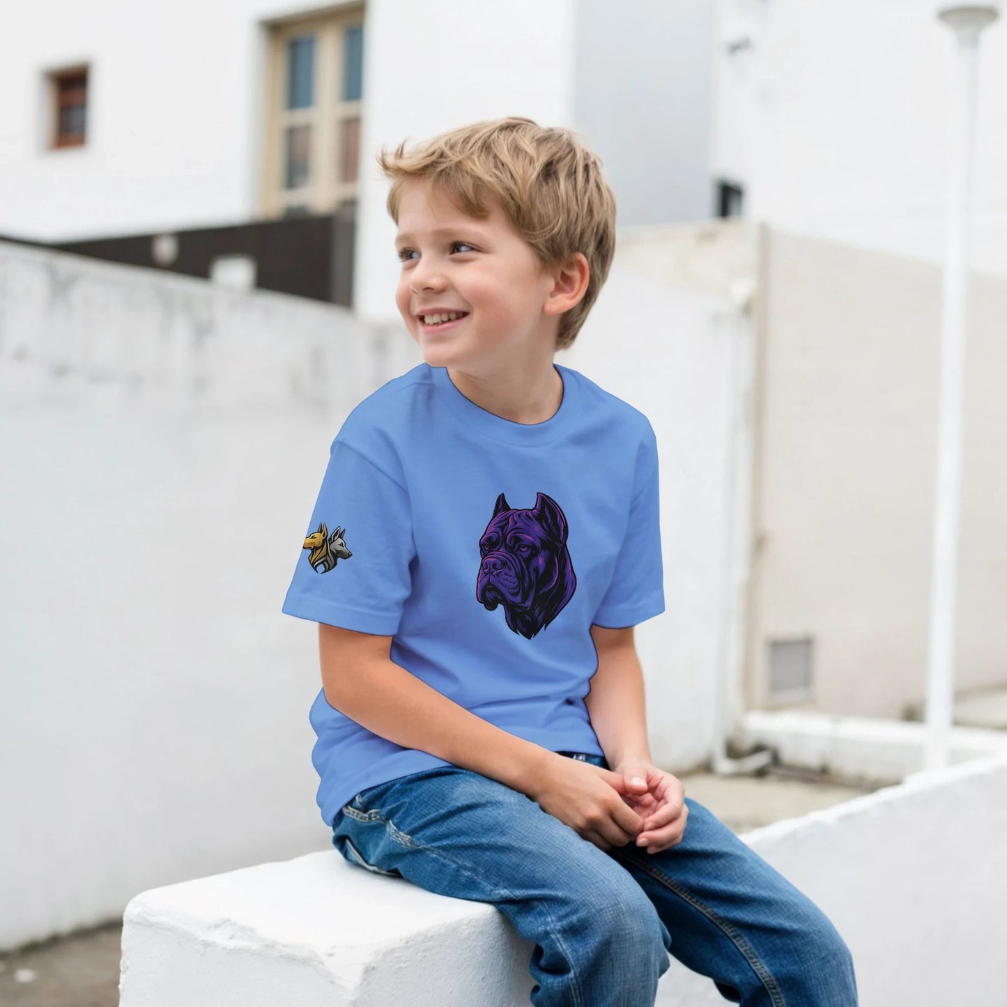 T-shirt enfant classique ras du cou tête Cane Corso 1 avec logo sur manche droite MolossDesign