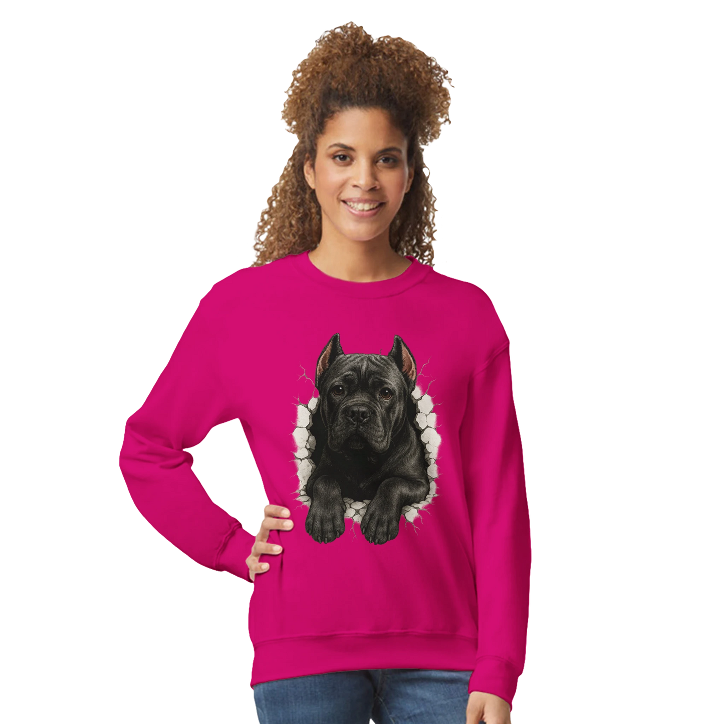 Sweat-shirt adulte unisexe classique ras du cou fuchsia Cane Corso trou mur