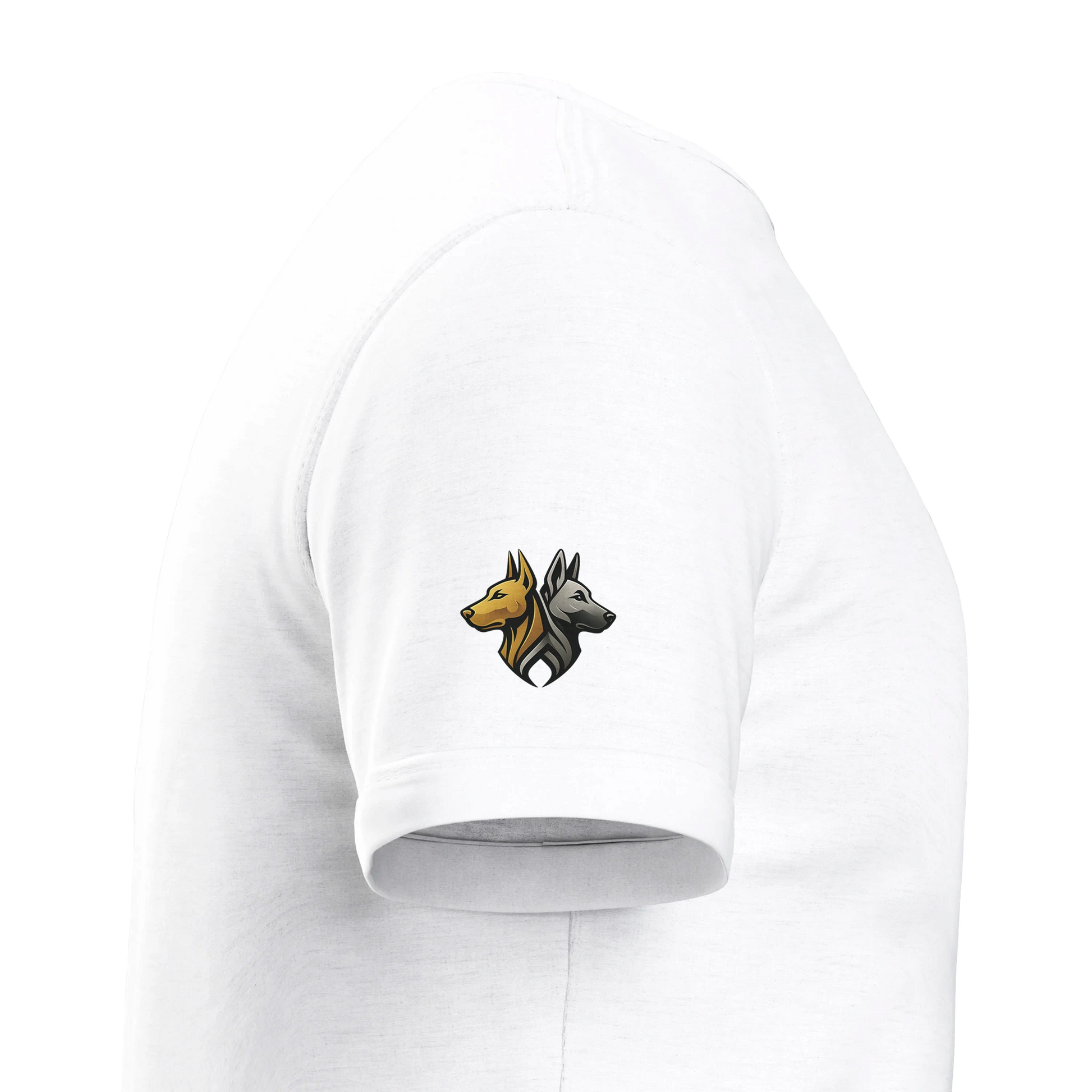 T-shirt enfant classique ras du cou tête Dobermann arc en ciel1 avec logo sur manche droite MolossDesign