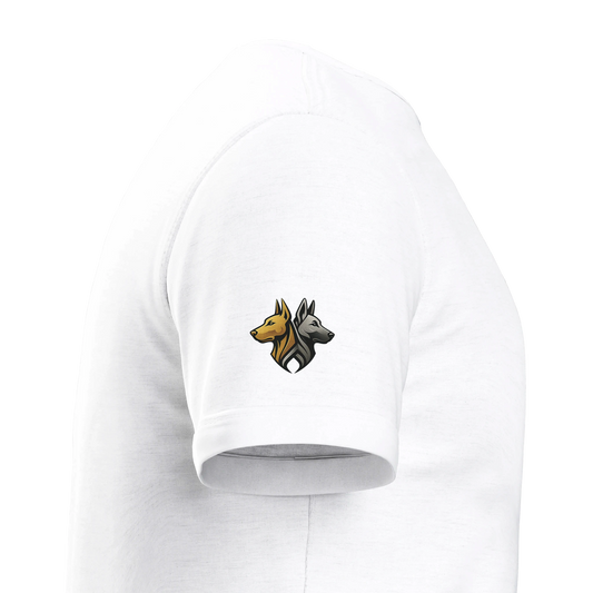 T-shirt enfant classique ras du cou tête Dobermann arc en ciel1 avec logo sur manche droite MolossDesign