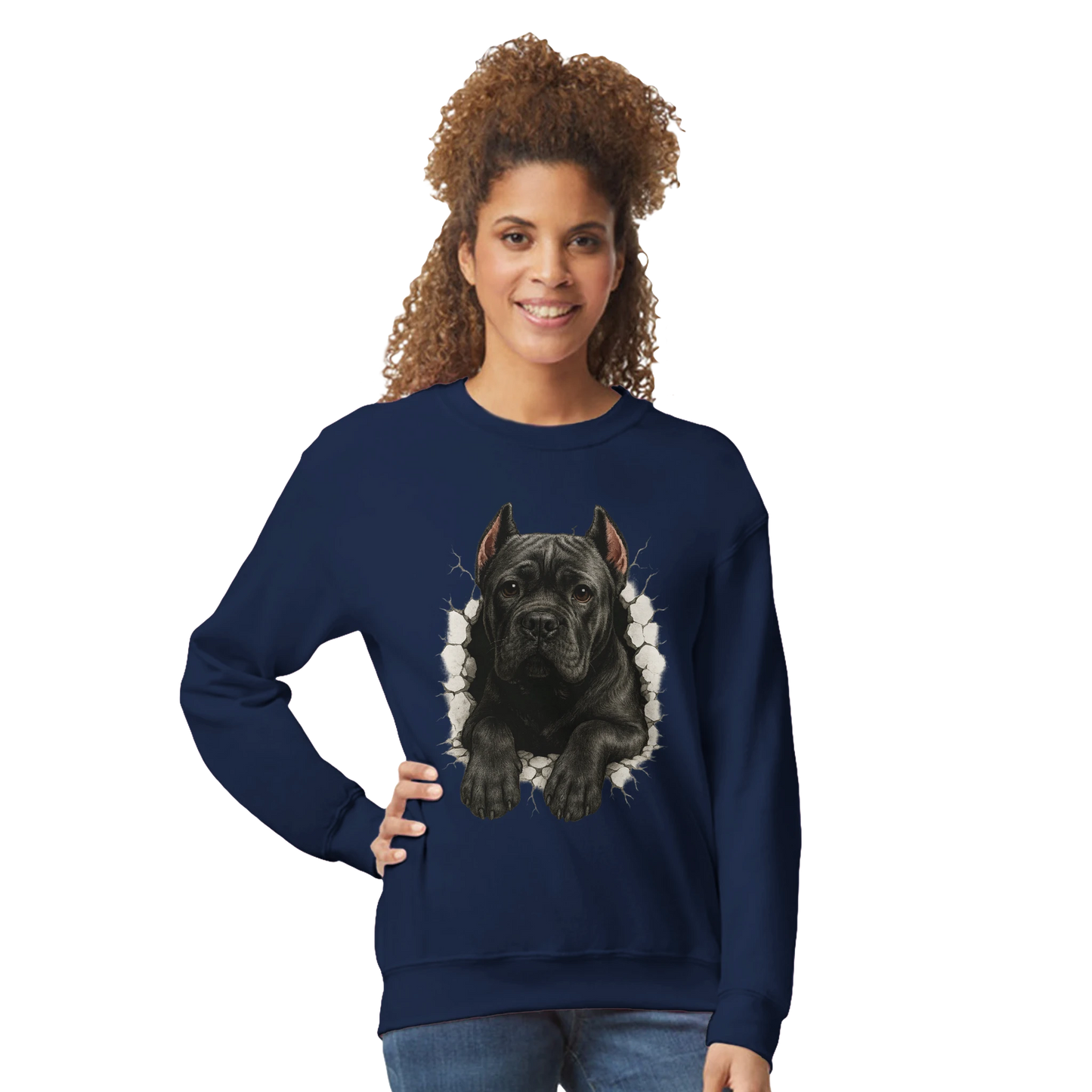 Sweat-shirt adulte unisexe classique ras du cou bleu Cane Corso trou mur
