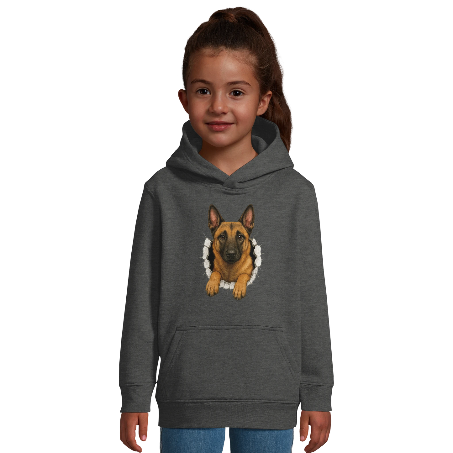 Sweat-shirt enfant à capuche gris Malinois trou mur