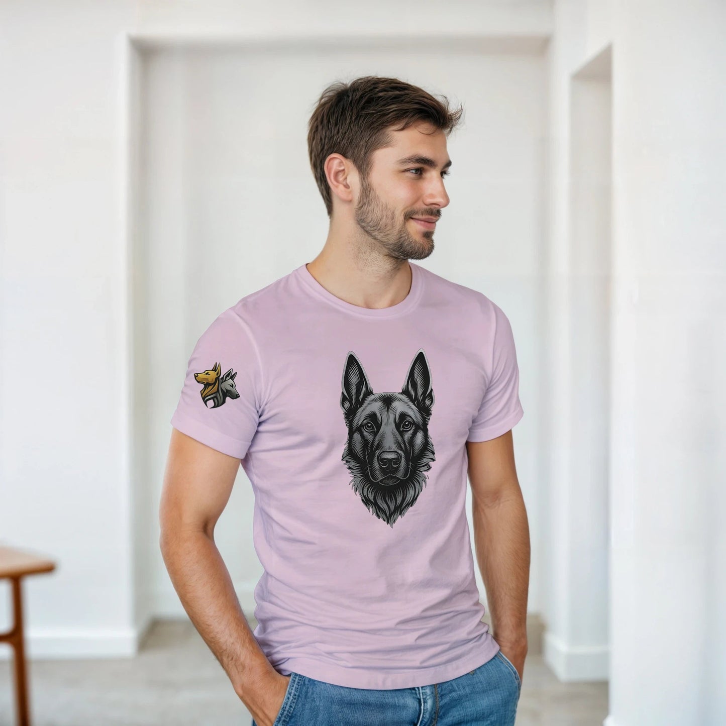 T-shirt adulte unisexe épais ras du cou rose tête Malinois argentée