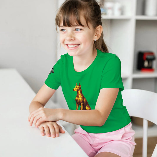 Marque MolossDesign | T-shirt enfant classique ras du cou Dobermann doré assis1 avec logo sur manche droite MolossDesign