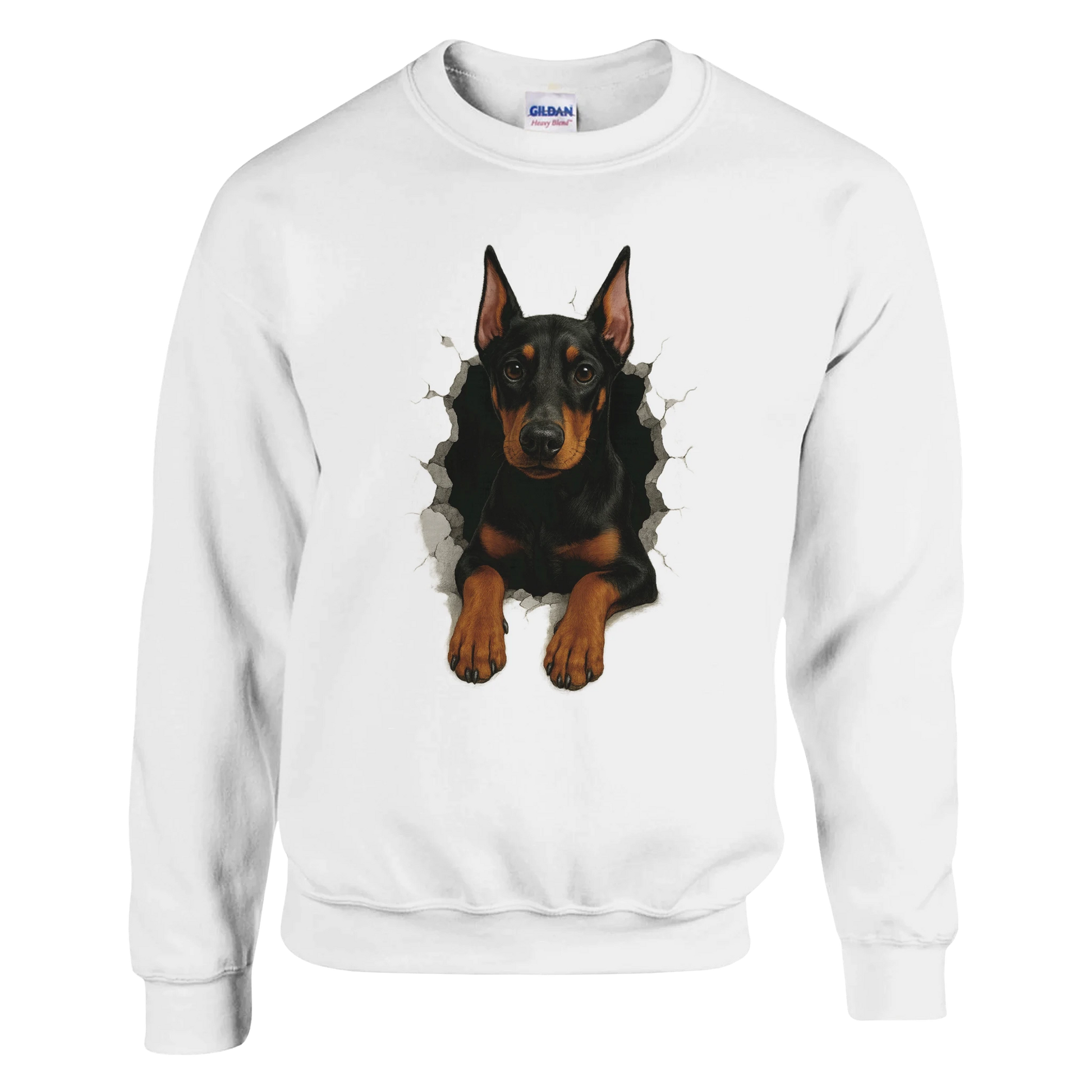 Sweat-shirt adulte unisexe classique ras du cou blanc Dobermann trou mur
