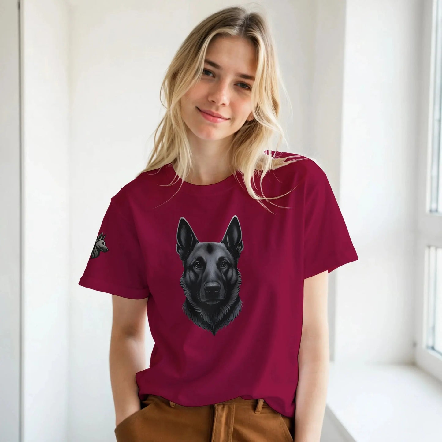 T-shirt adulte unisexe classique ras du cou rouge tête Malinois argenté