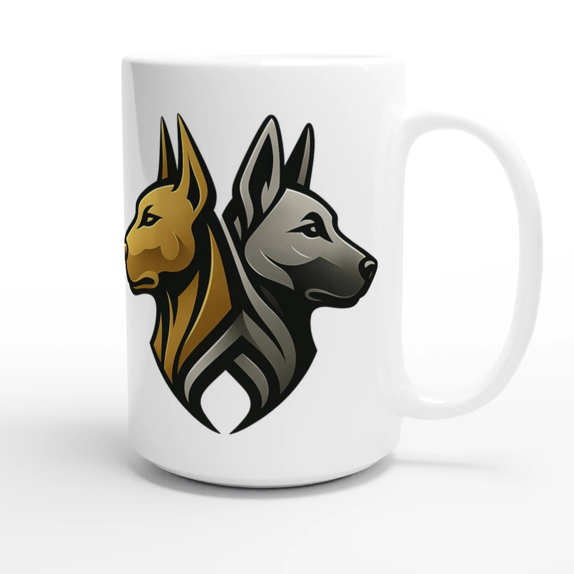 Mug céramique blanche 443 ml (15 oz) tête Dobermann doré et noir logo MolossDesign