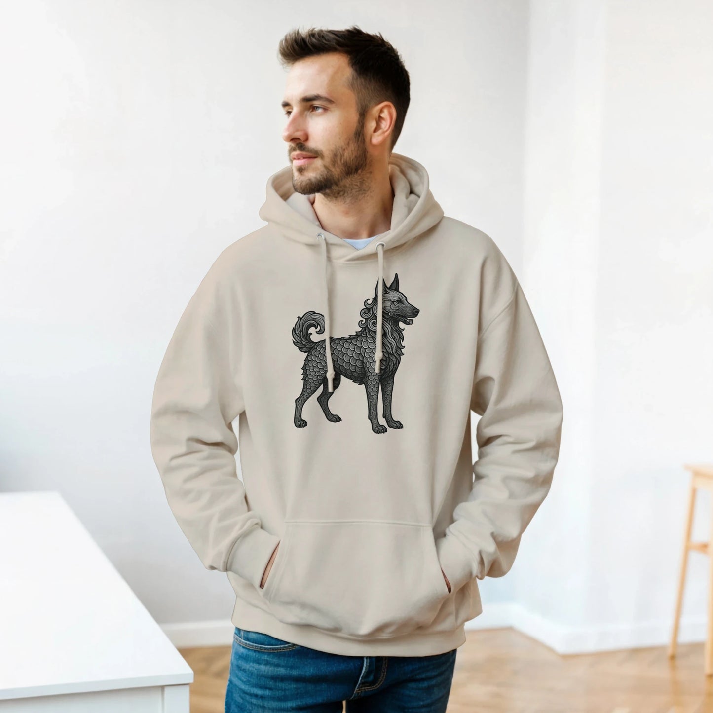 Sweat à capuche adulte unisexe classique beige Dragon Malinois