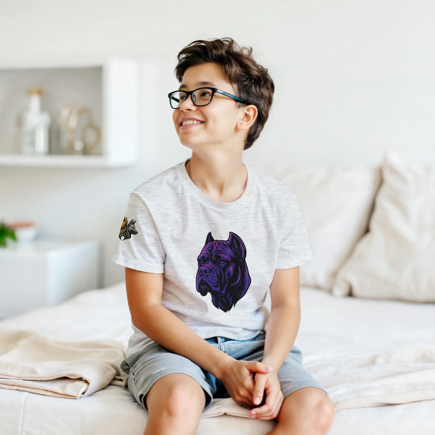 T-shirt enfant classique ras du cou tête Cane Corso 1 avec logo sur manche droite MolossDesign