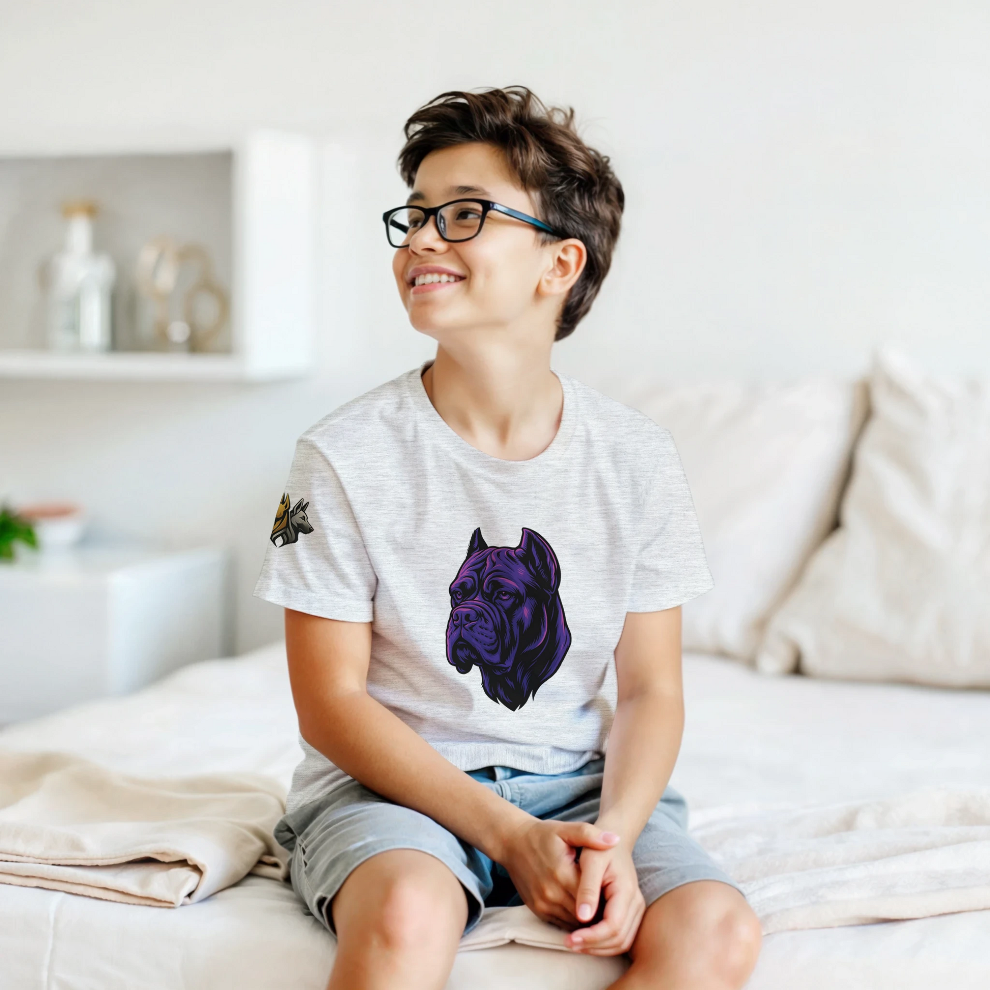 T-shirt enfant classique ras du cou tête Cane Corso 1 avec logo sur manche droite MolossDesign