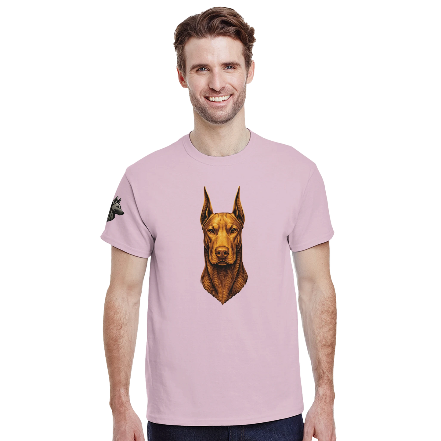 T-shirt adulte unisexe épais ras du cou rose tête face Dobermann dorée