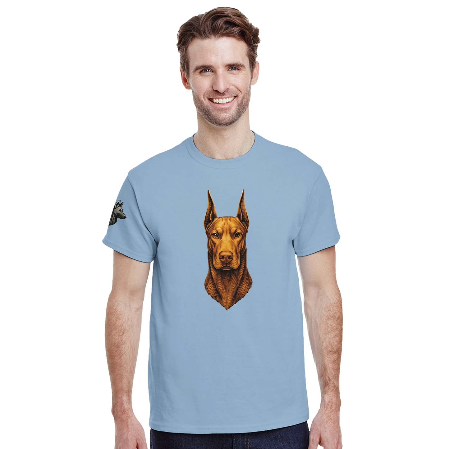 T-shirt adulte unisexe épais ras du cou bleu tête face Dobermann dorée