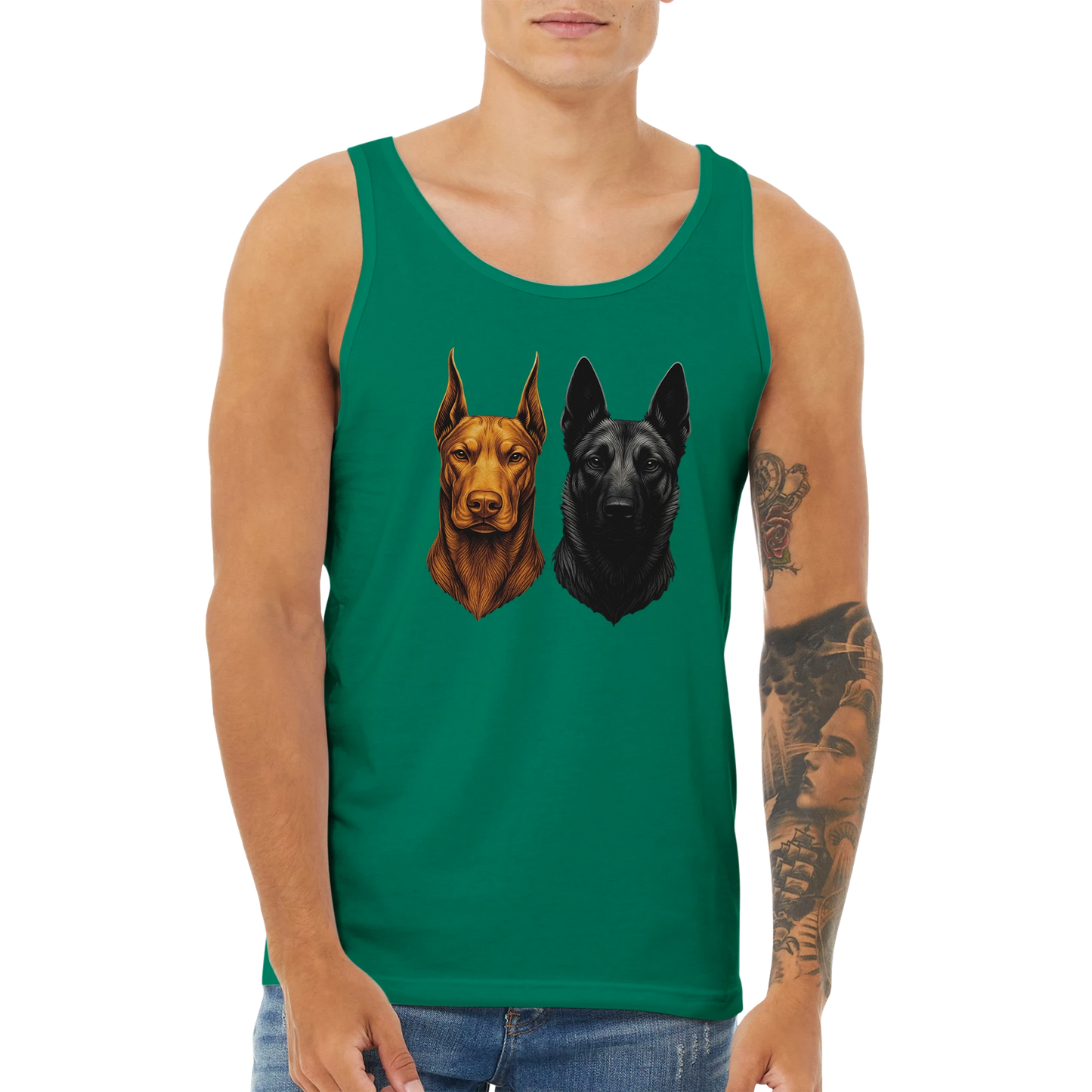 Débardeur adulte unisexe premium vert tête Dobermann+Malinois
