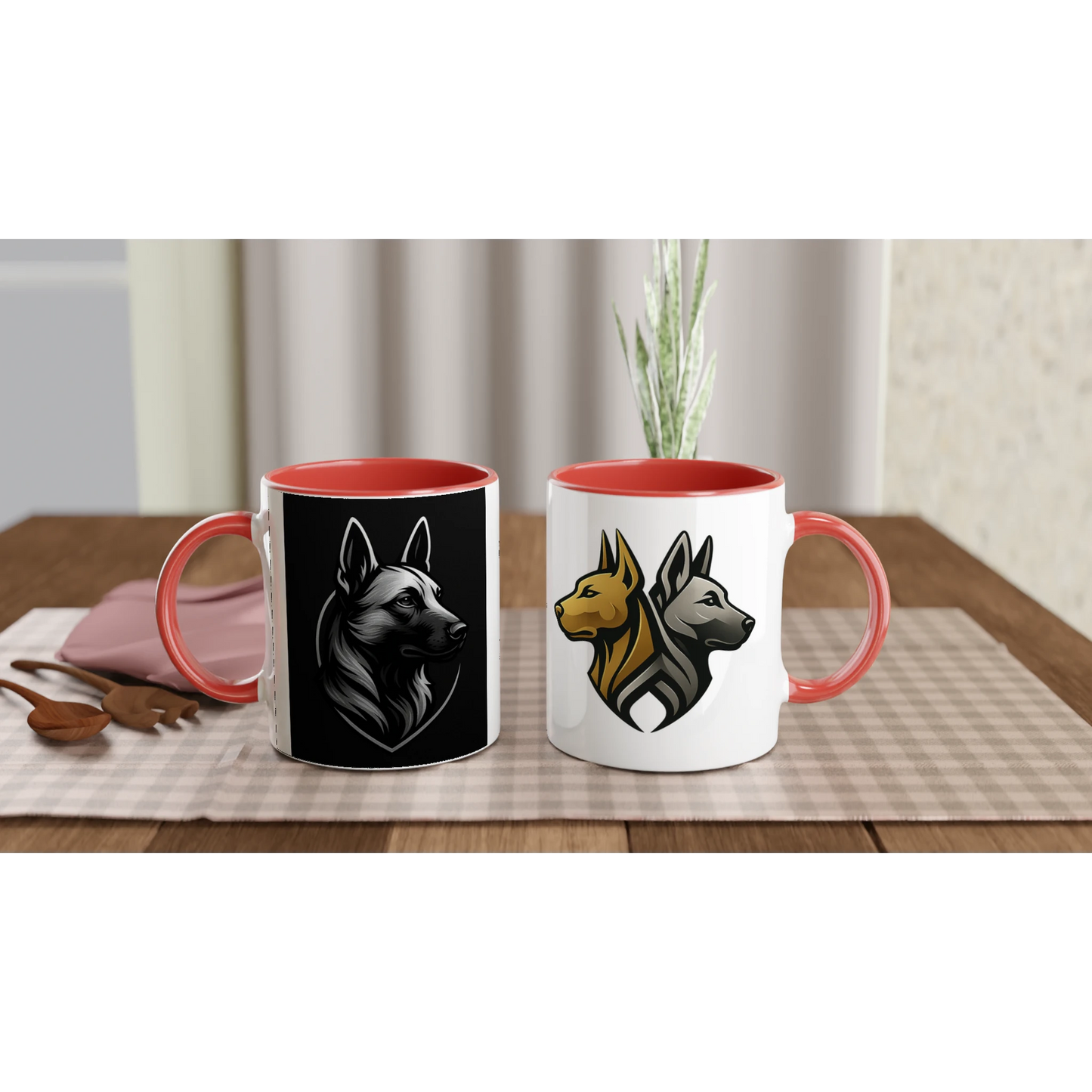 Mug céramique blanche 325 ml (11 oz) intérieur coloré rouge-tête Malinois fond noir