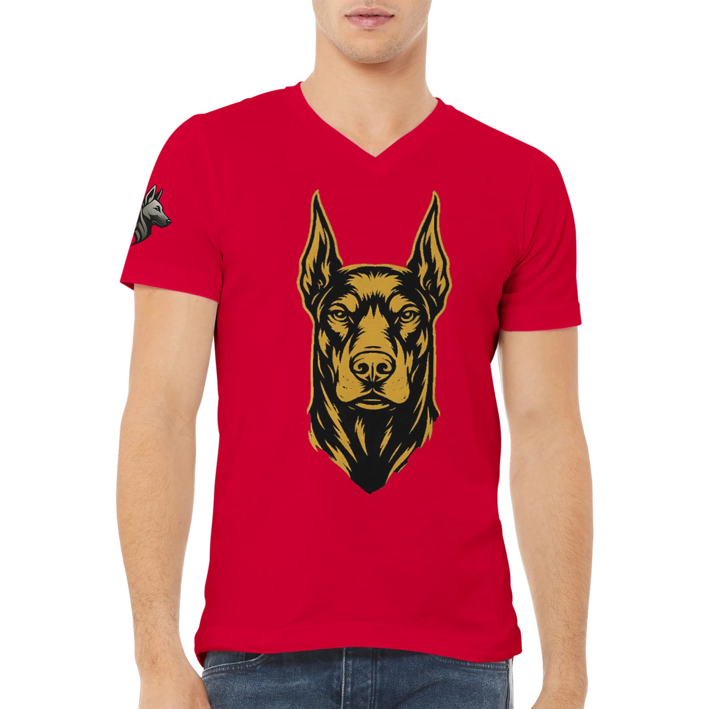 T-shirt adulte unisexe premium col en V rouge tête Dobermann noire/dorée
