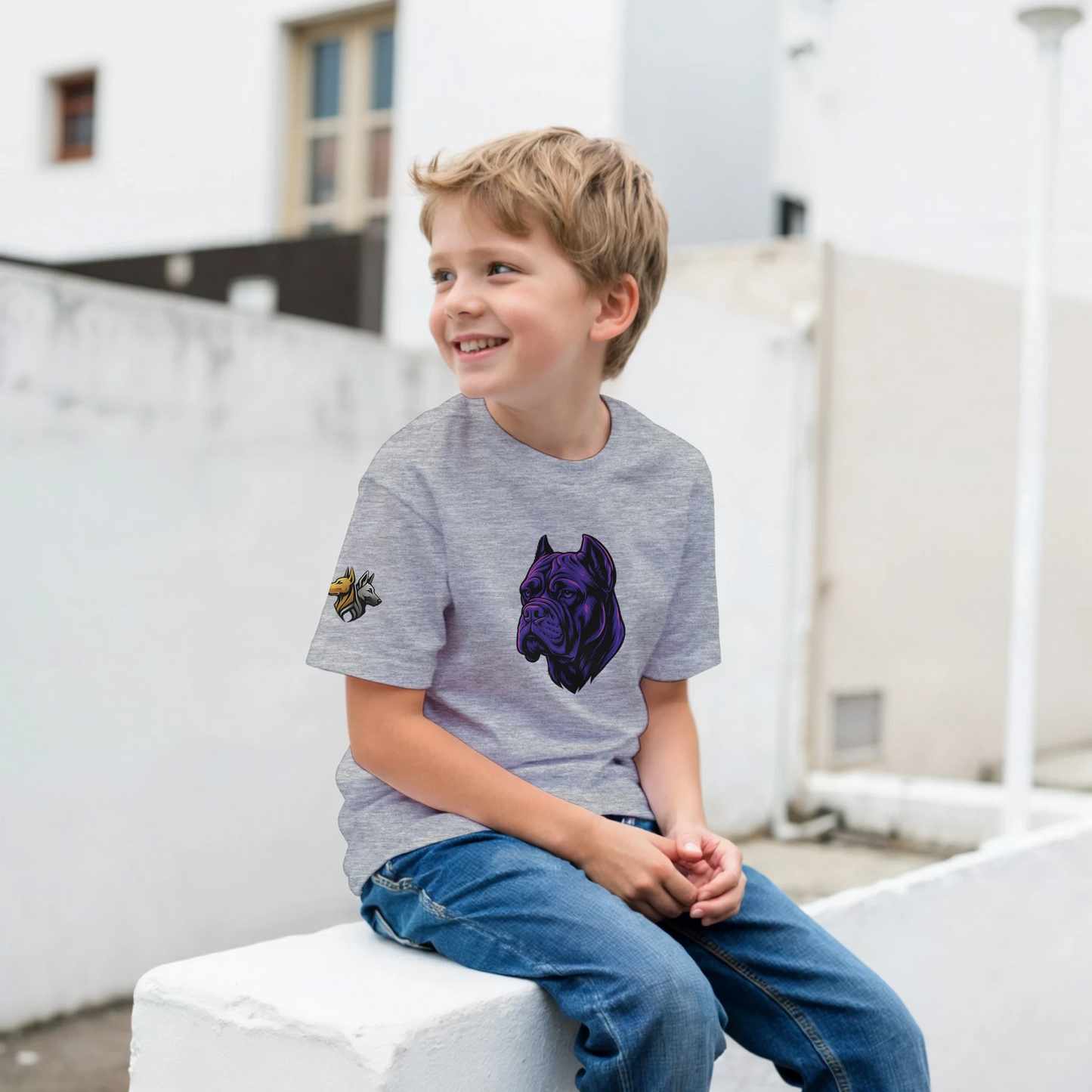T-shirt enfant classique ras du cou tête Cane Corso 1 avec logo sur manche droite MolossDesign