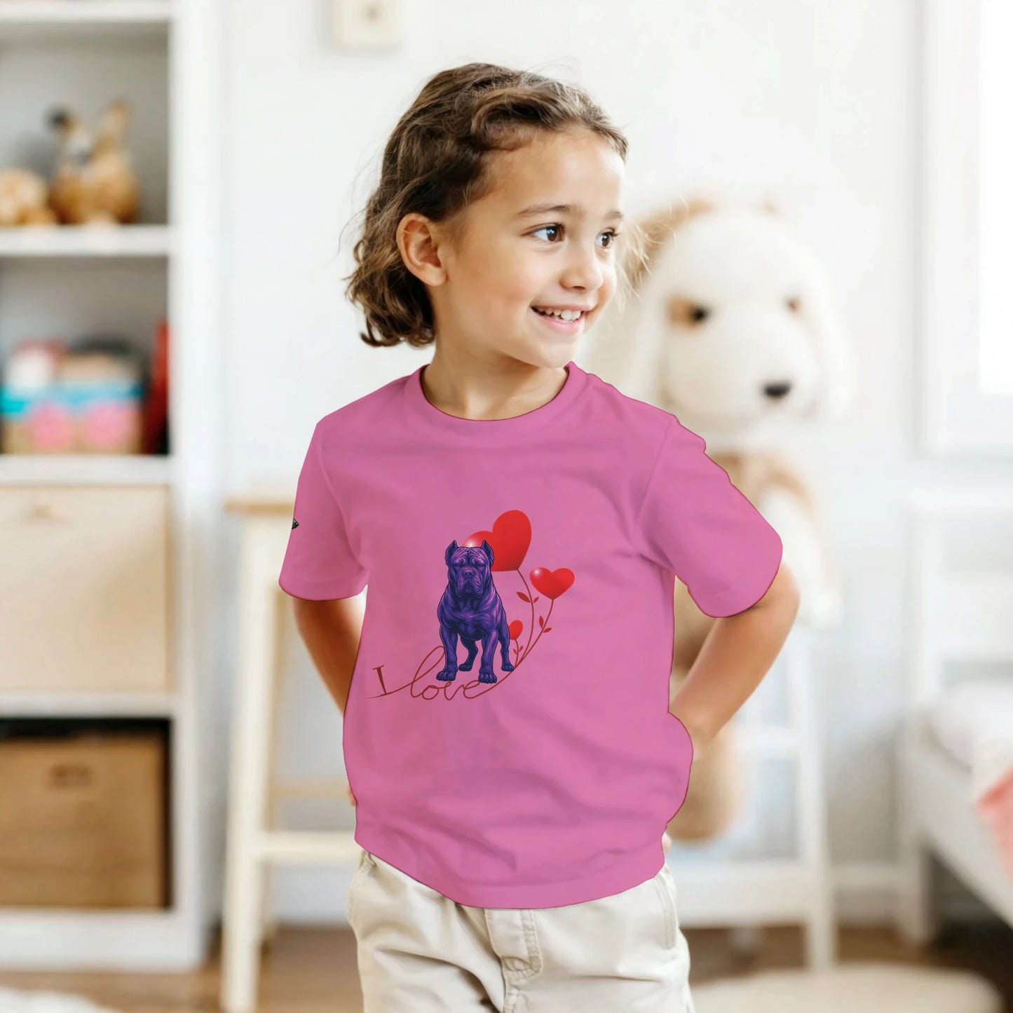 T-shirt enfant unisexe classique ras du cou rose I love Cane Corso