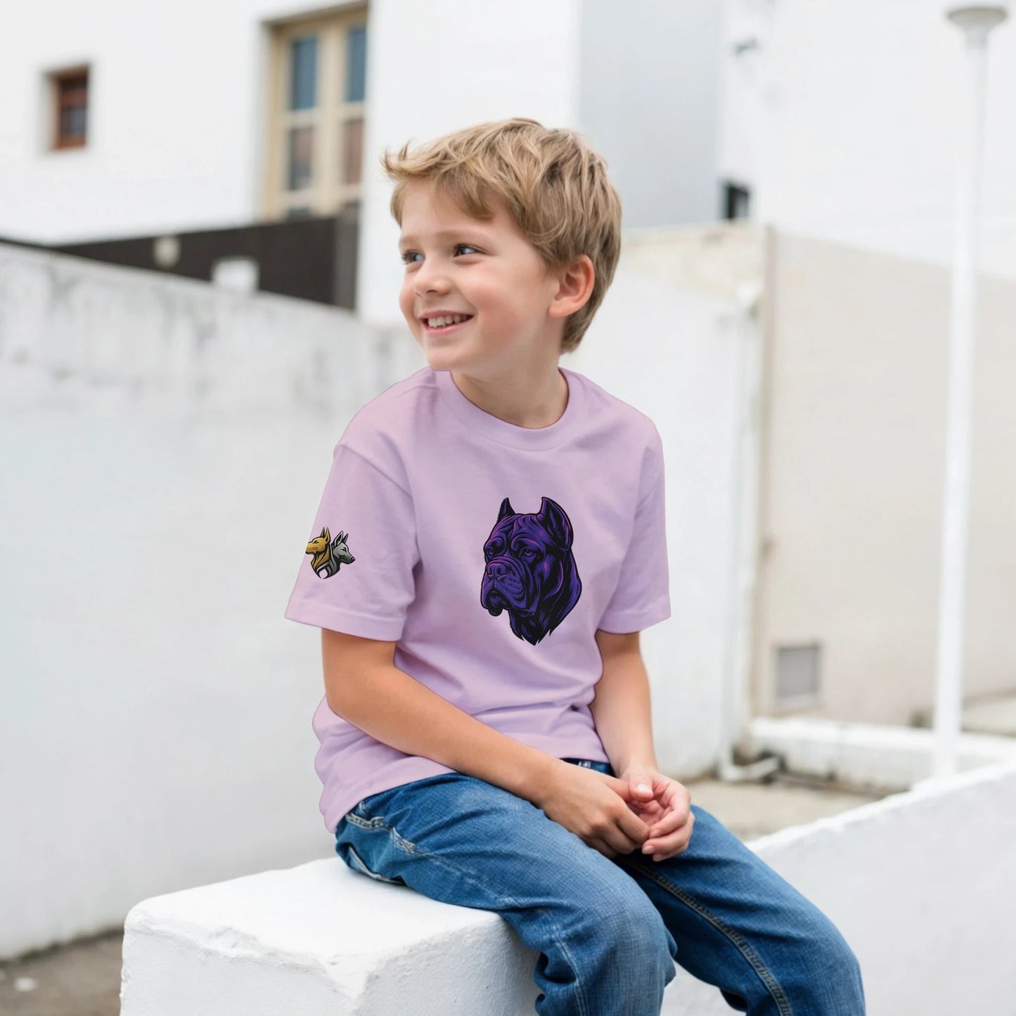 T-shirt enfant classique ras du cou tête Cane Corso 1 avec logo sur manche droite MolossDesign