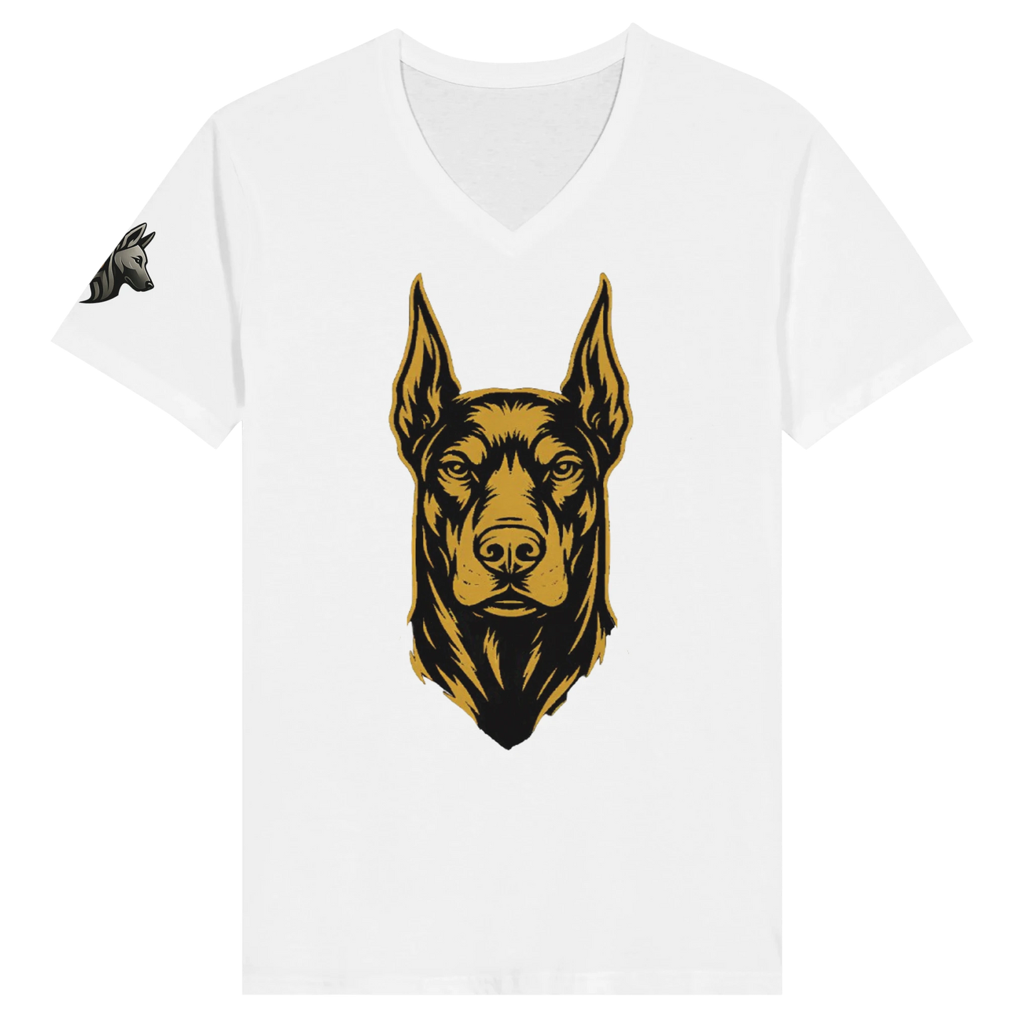 T-shirt adulte unisexe premium col en V blanc tête Dobermann noire/dorée