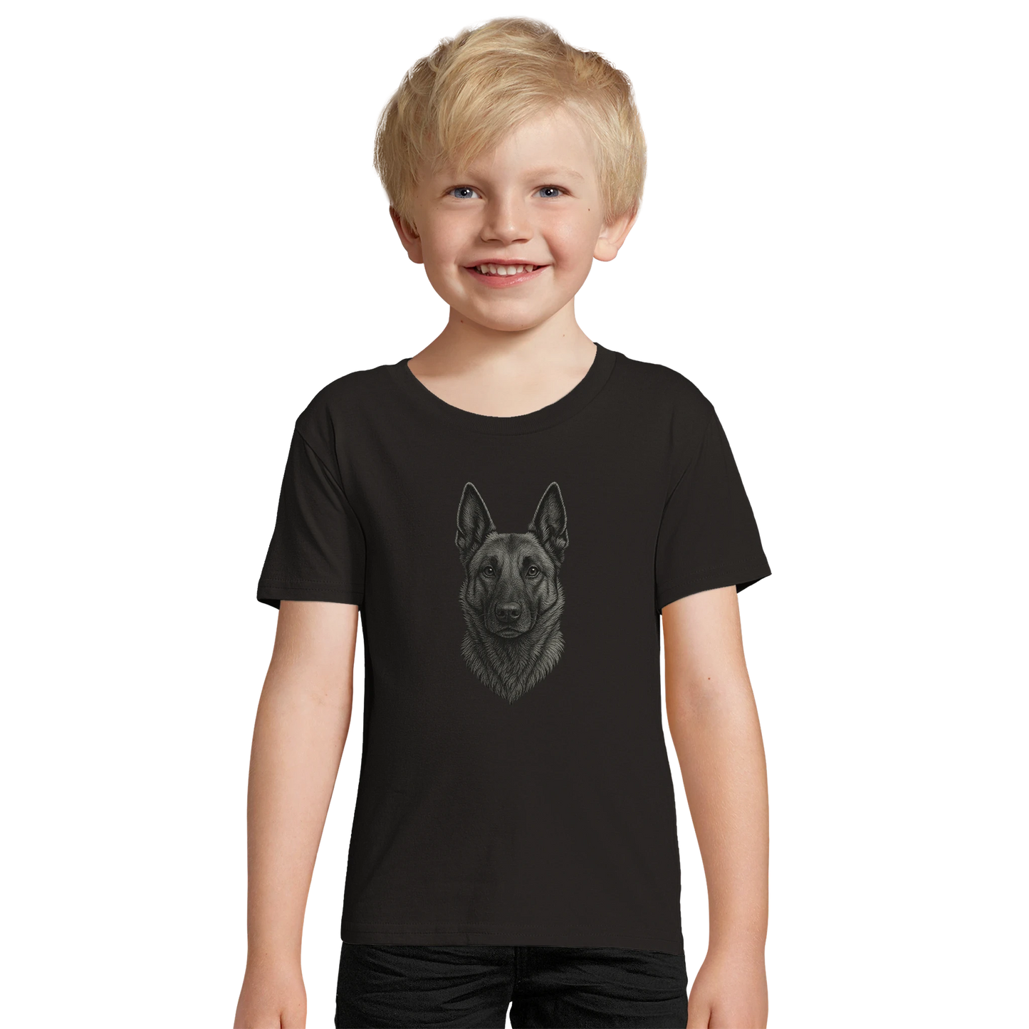 Marque MolossDesign | T-shirt enfant coton bio ajusté tête Malinois argentée1 avec logo sur le dos MolossDesign