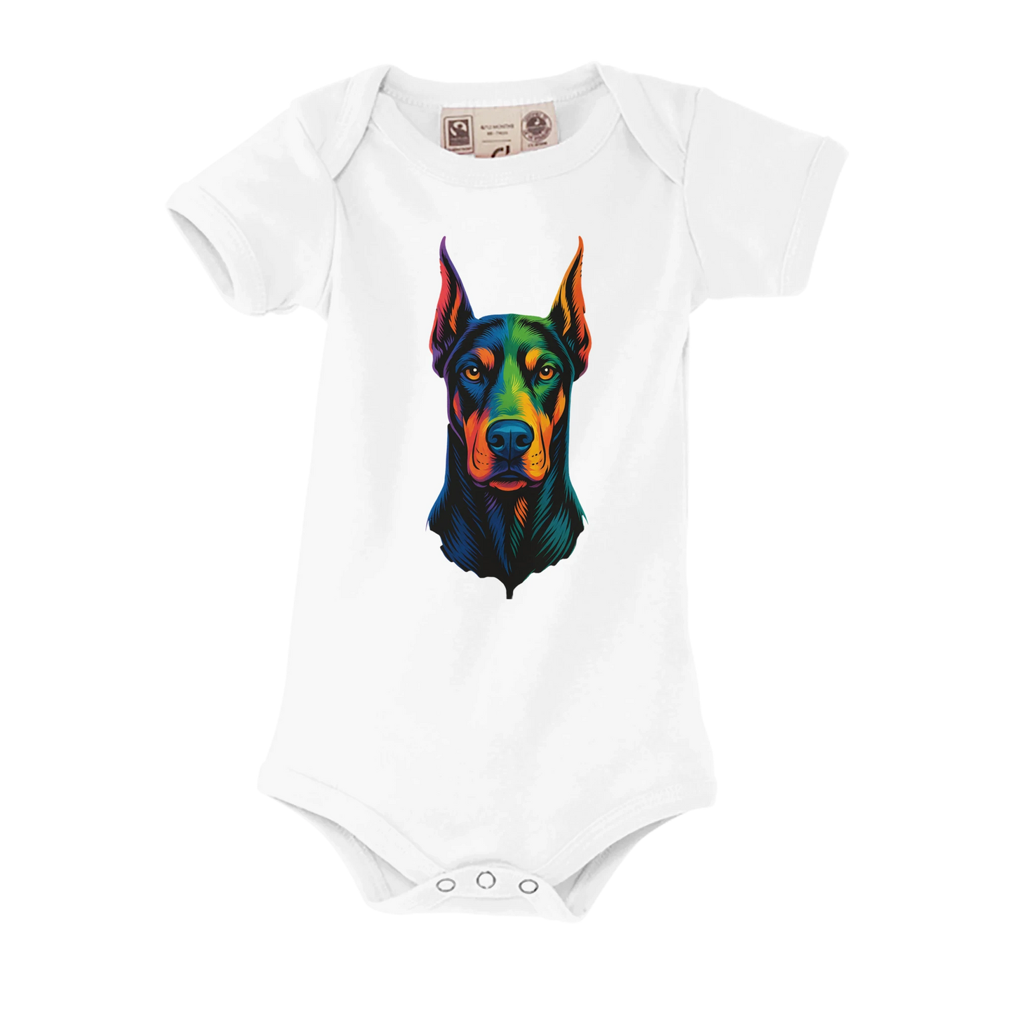 Body bébé blanc coton bio manches courtes Dobermann arc en ciel