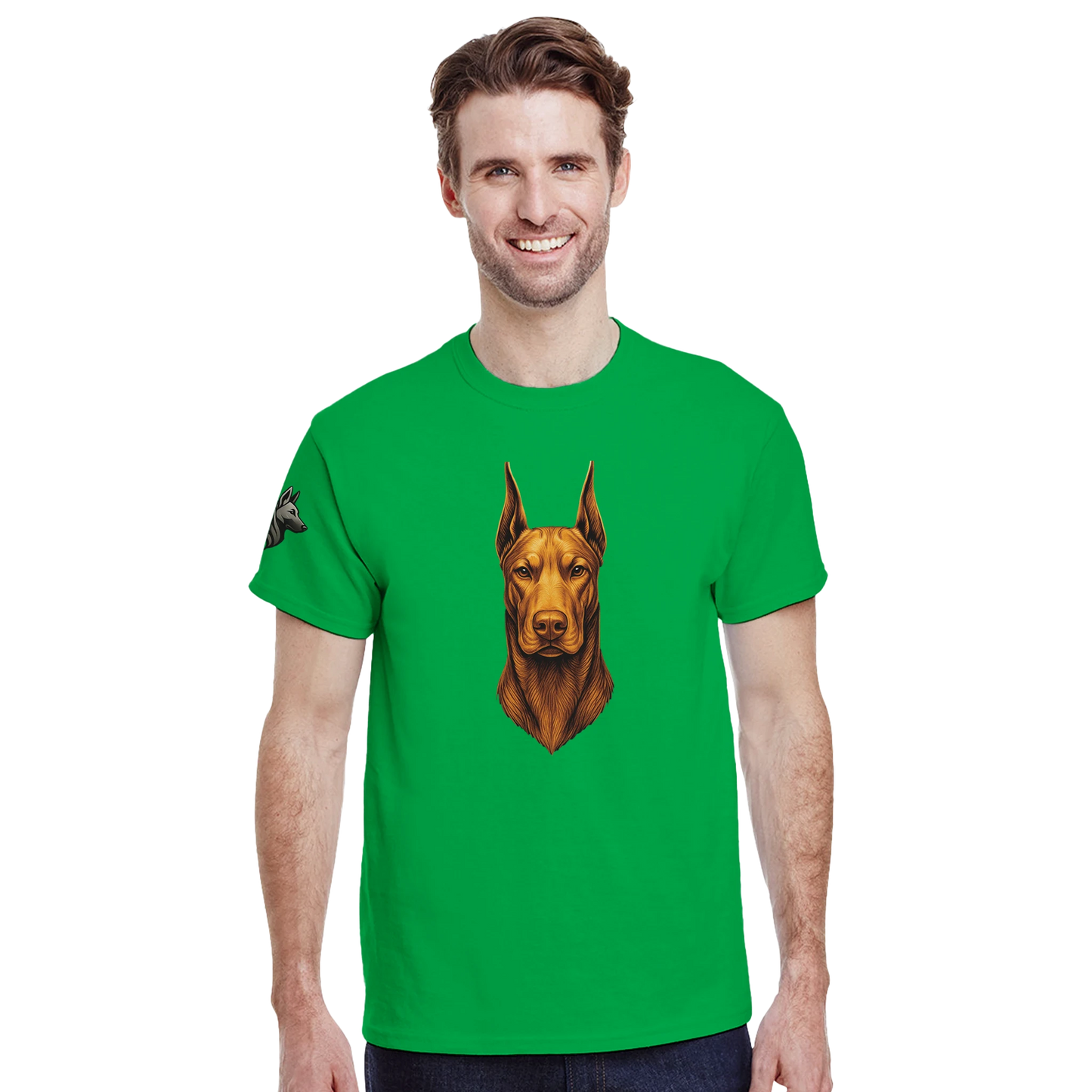 T-shirt adulte unisexe épais ras du cou vert tête face Dobermann dorée