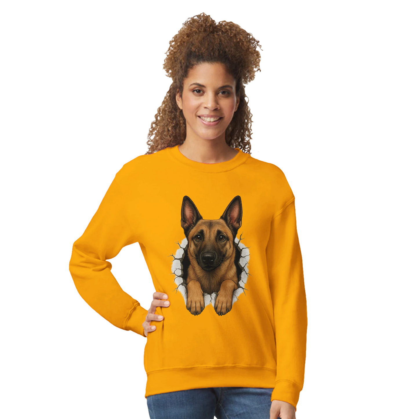 Sweat-shirt adulte unisexe classique ras du cou jaune Malinois trou mur