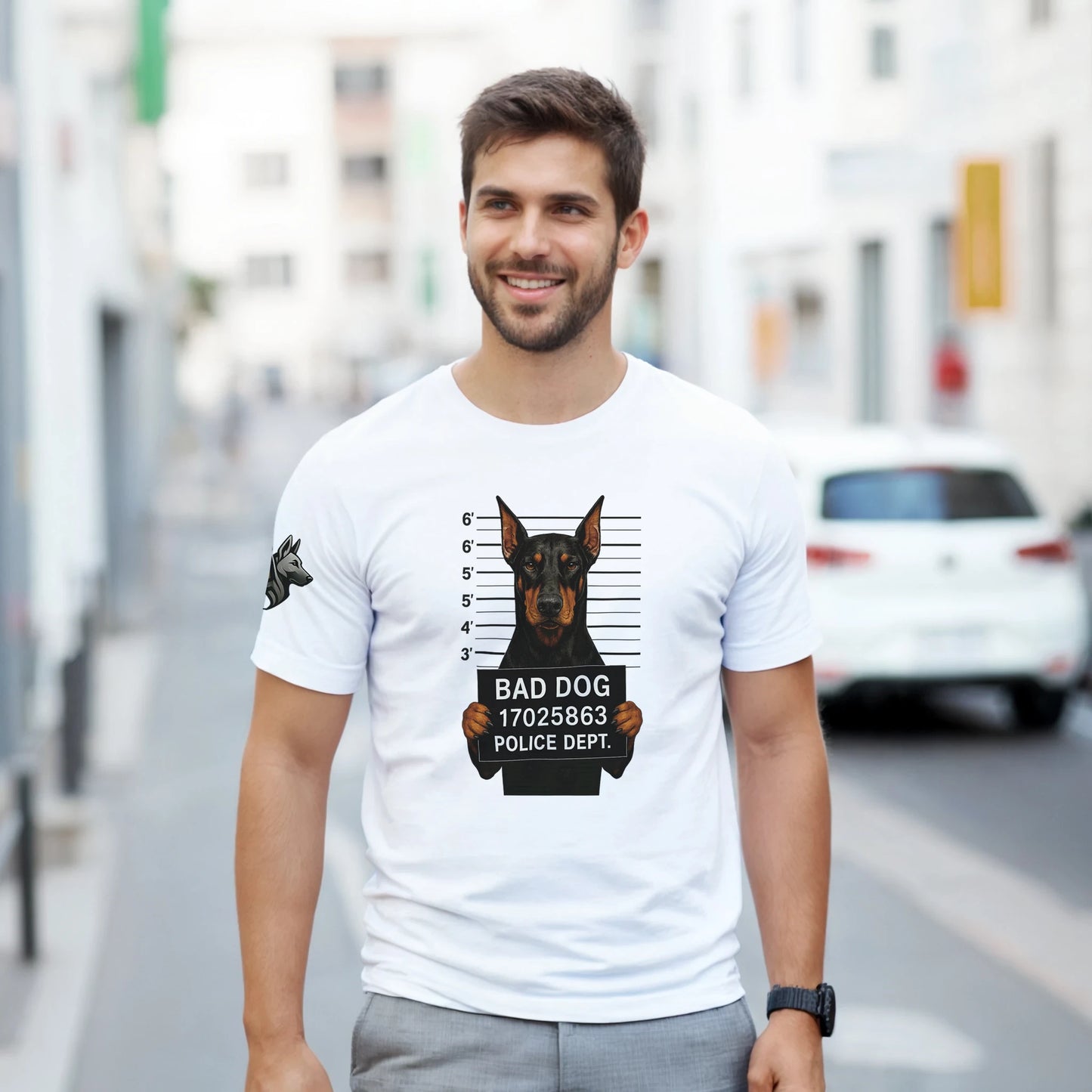 T-shirt adulte unisexe épais blanc ras du cou Bad dog Dobermann