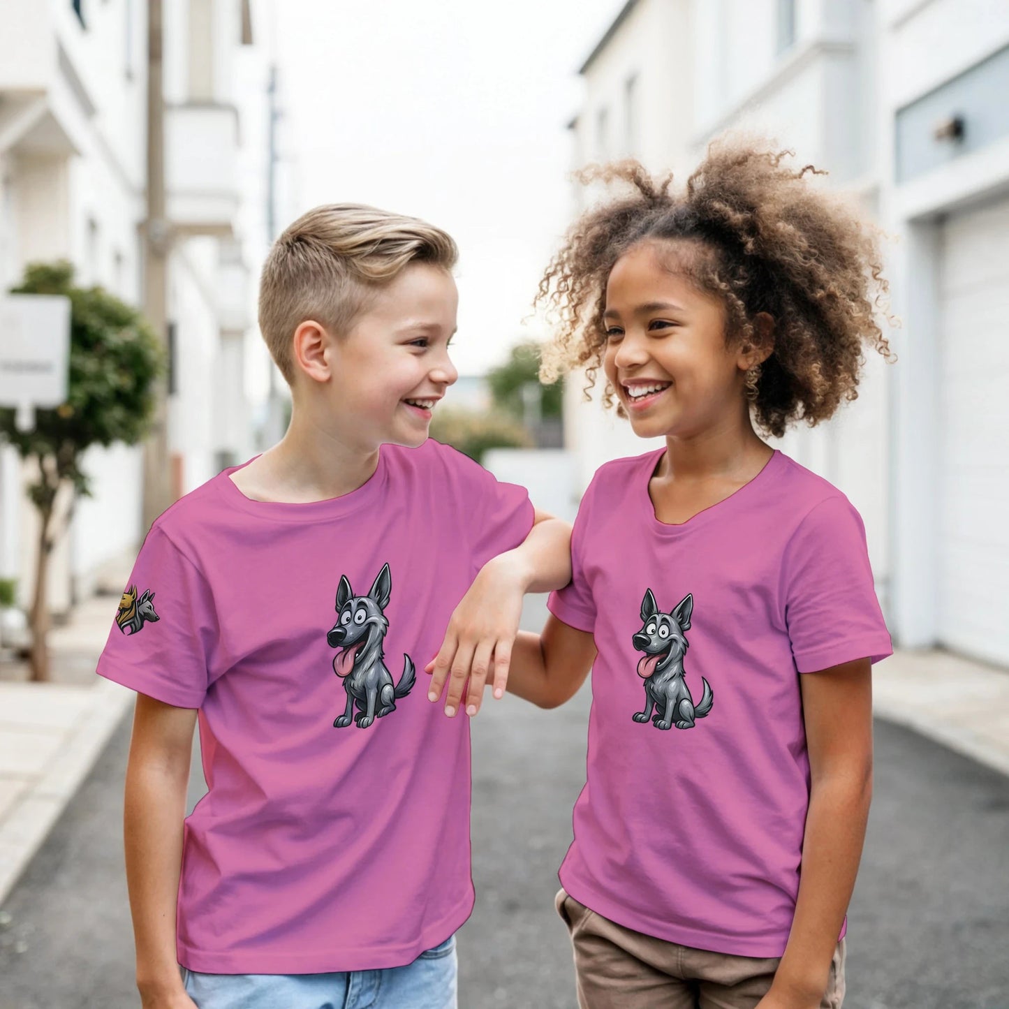 Marque MolossDesign | T-shirt enfant classique ras du cou Malinois humour1 avec logo sur manche droite MolossDesign