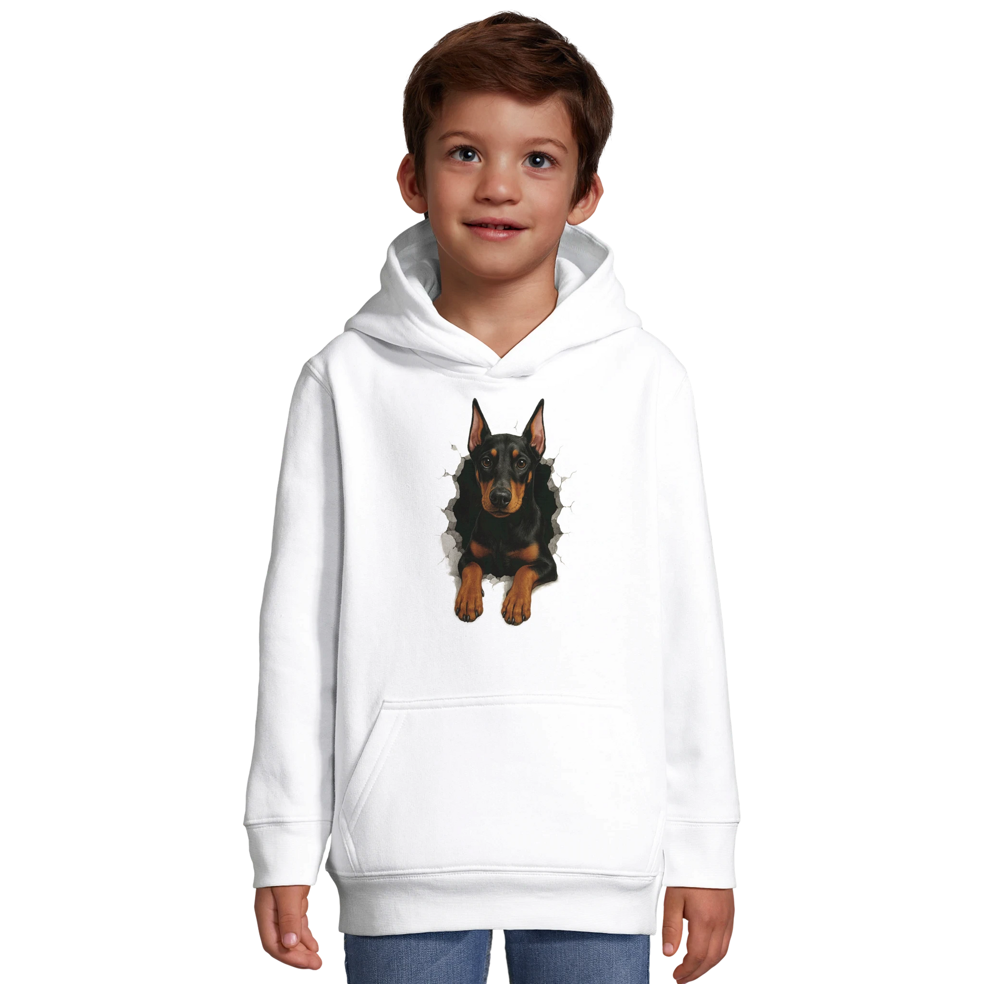 Sweat-shirt à capuche enfant blanc-Dobermann trou mur
