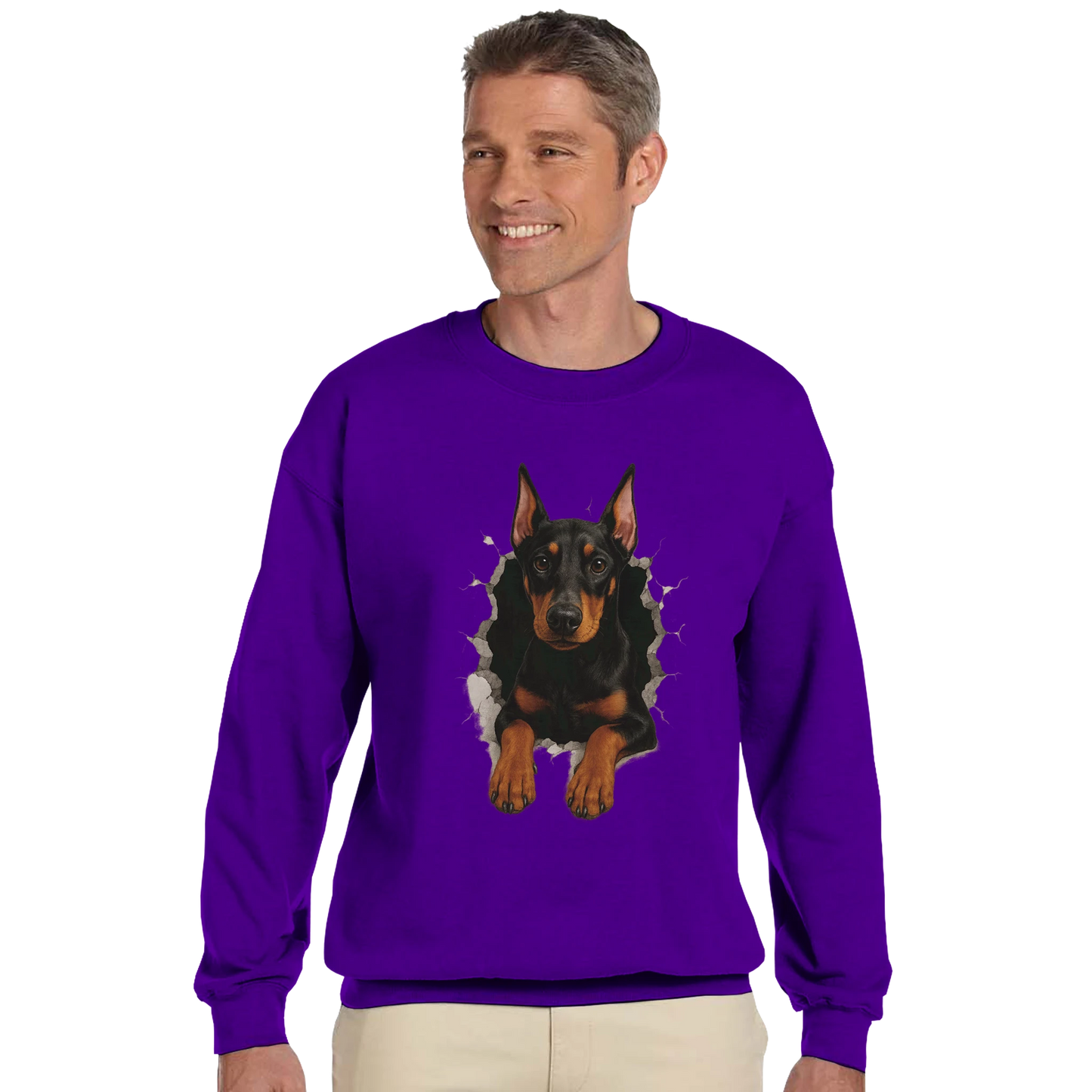 Sweat-shirt adulte unisexe classique ras du cou violet Dobermann trou mur