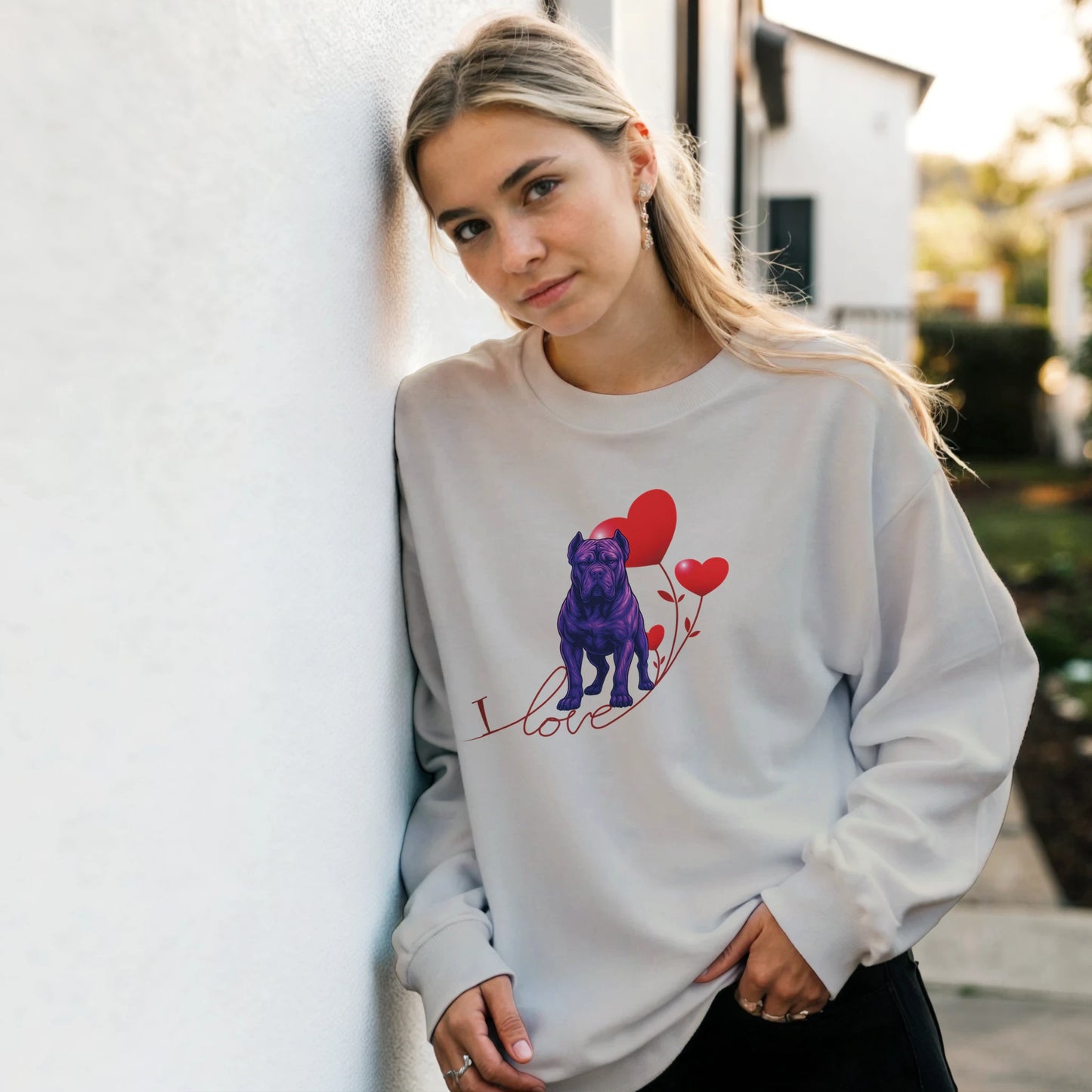 weat-shirt adulte unisexe classique ras du cou beige I love Cane Corso