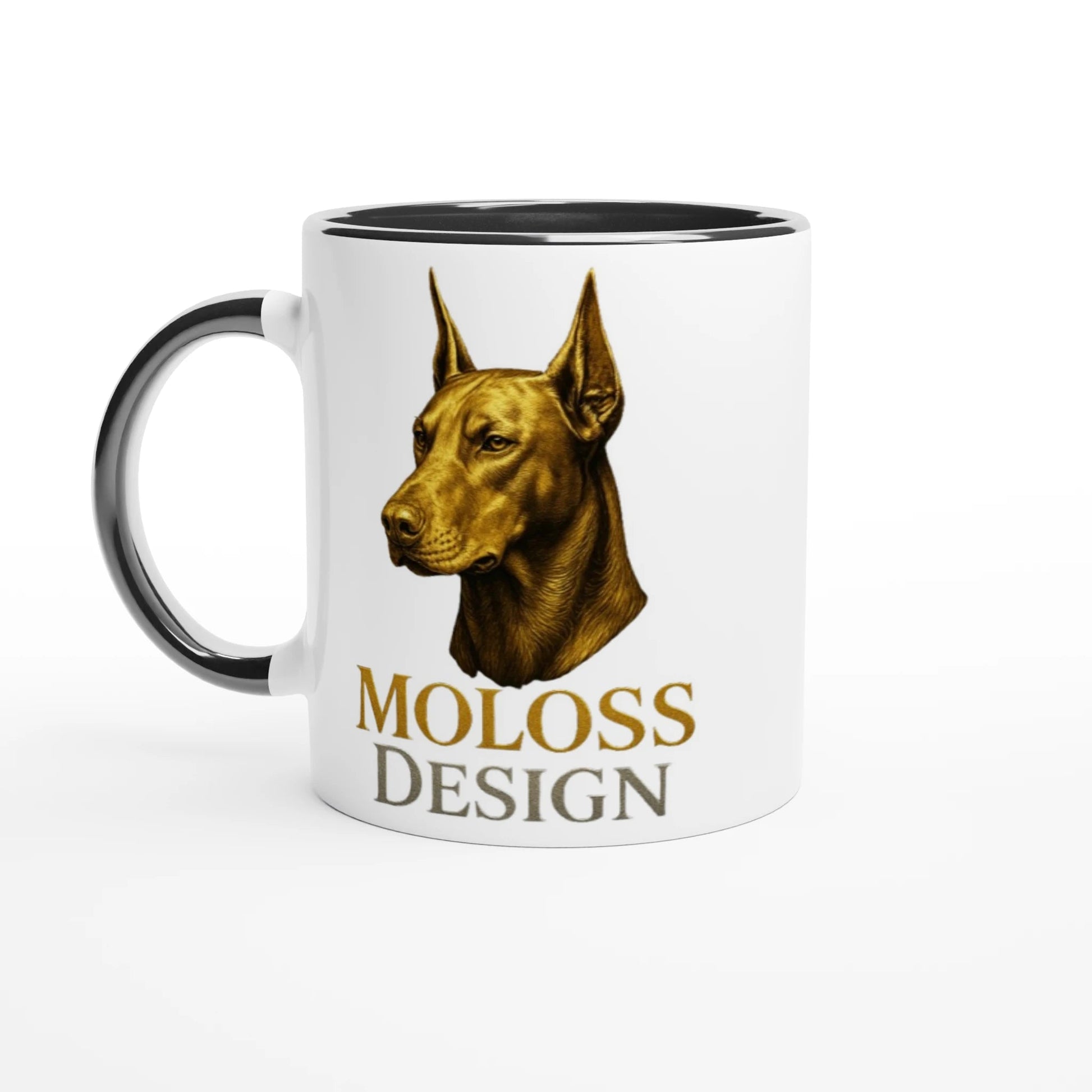 Marque MolossDesign | Mug en céramique blanche 325 ml (11 oz) avec intérieur coloré tête Dobermann doré MolossDesign et logo MolossDesign