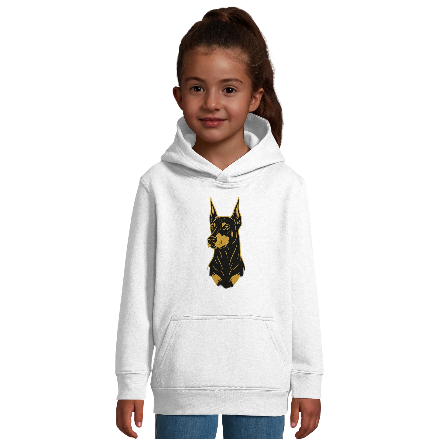 Sweat-shirt à capuche enfant blanc tête Dobermann dorée et noire
