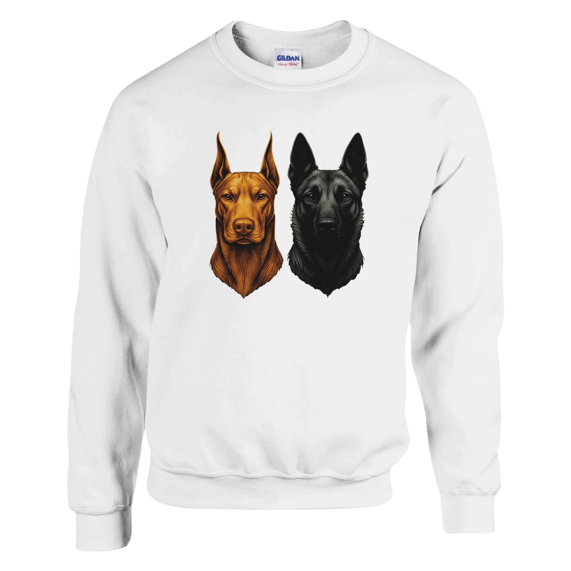 Sweat-shirt adulte unisexe classique ras du cou blanc tête Dobermann+Malinois