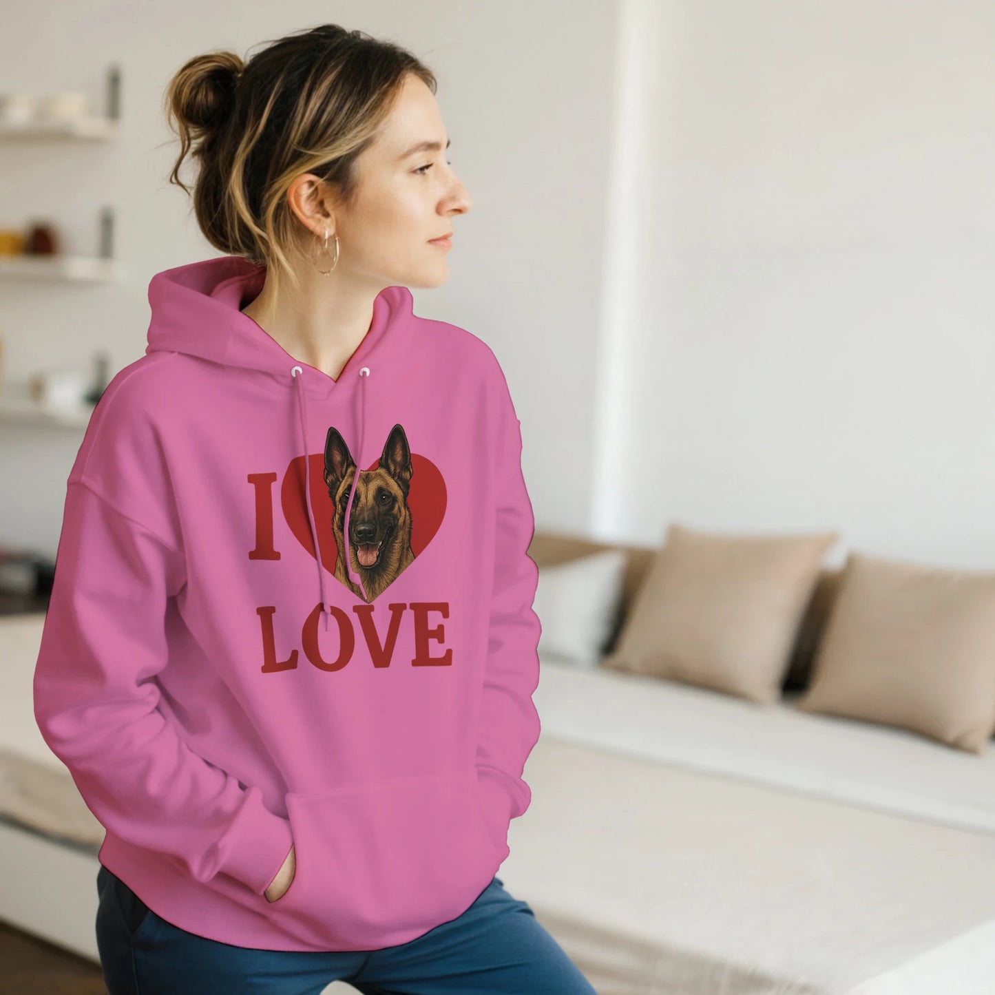 Sweat à capuche adulte unisexe classique rose I love Malinois