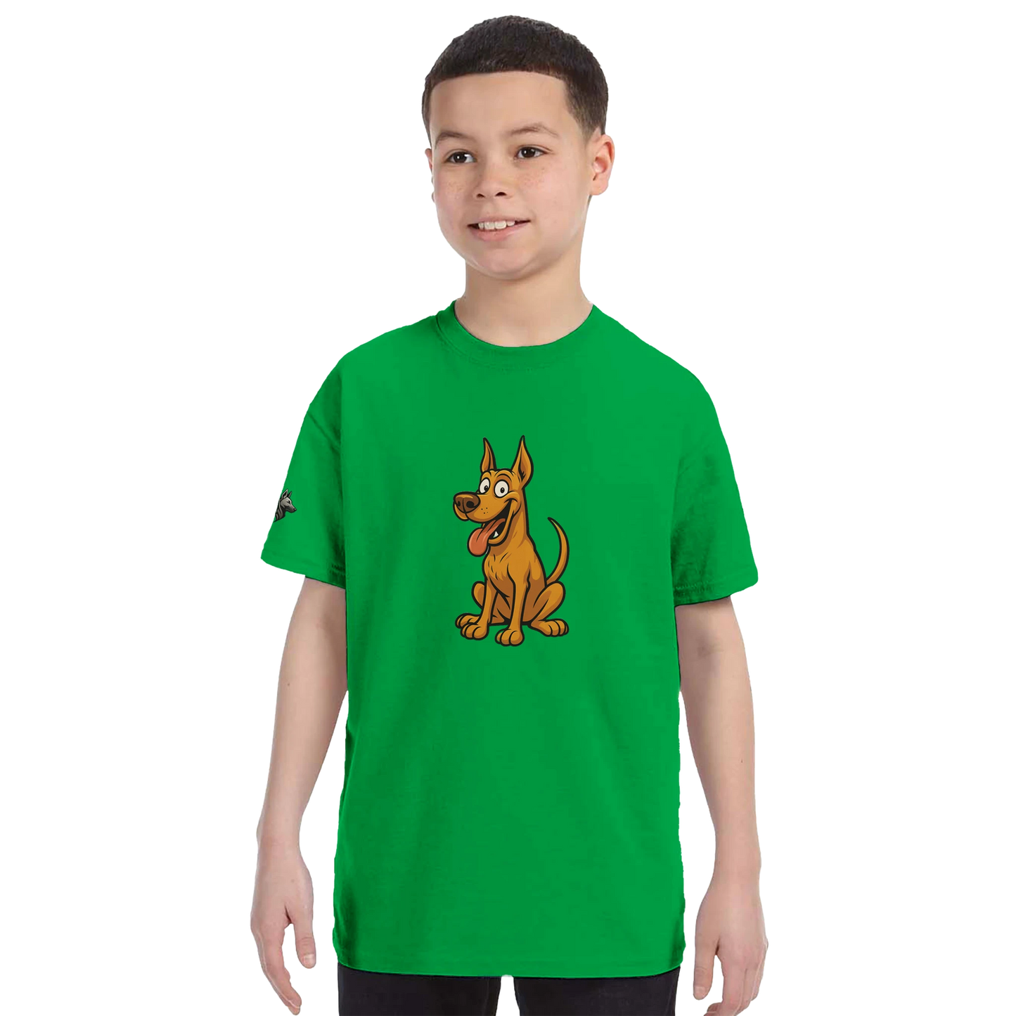 T-shirt enfant classique ras du cou Dobermann humour2 avec logo sur manche droite MolossDesign