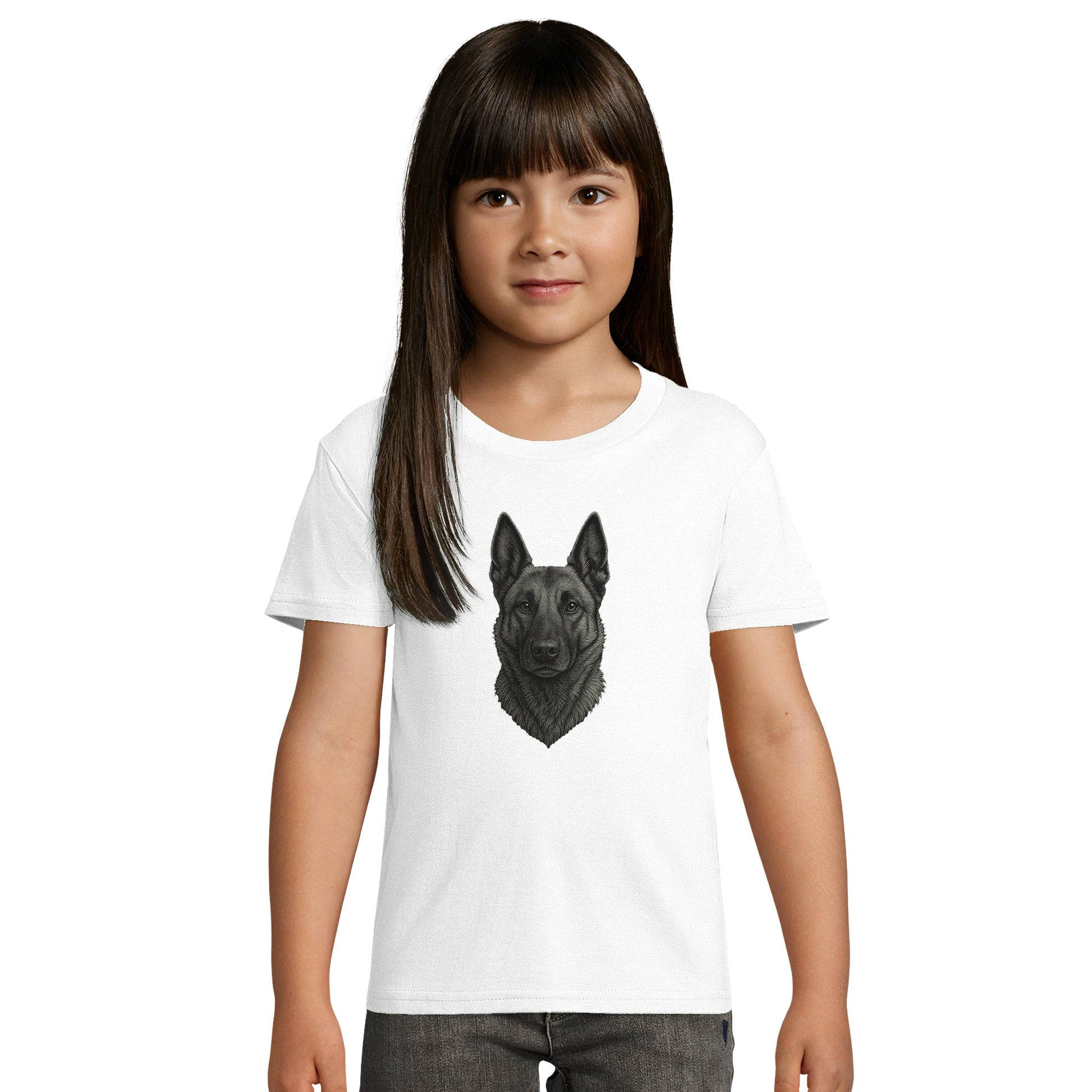 Marque MolossDesign | T-shirt enfant coton bio ajusté tête Malinois argentée1 avec logo sur le dos MolossDesign