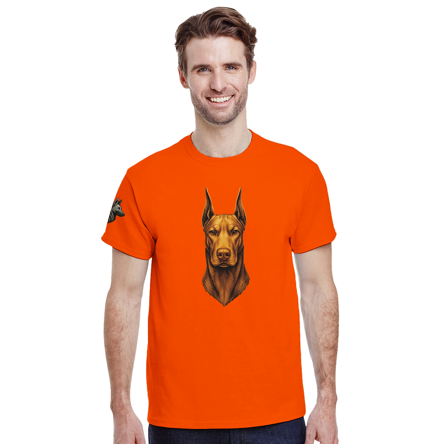T-shirt adulte unisexe épais ras du cou orange tête face Dobermann dorée