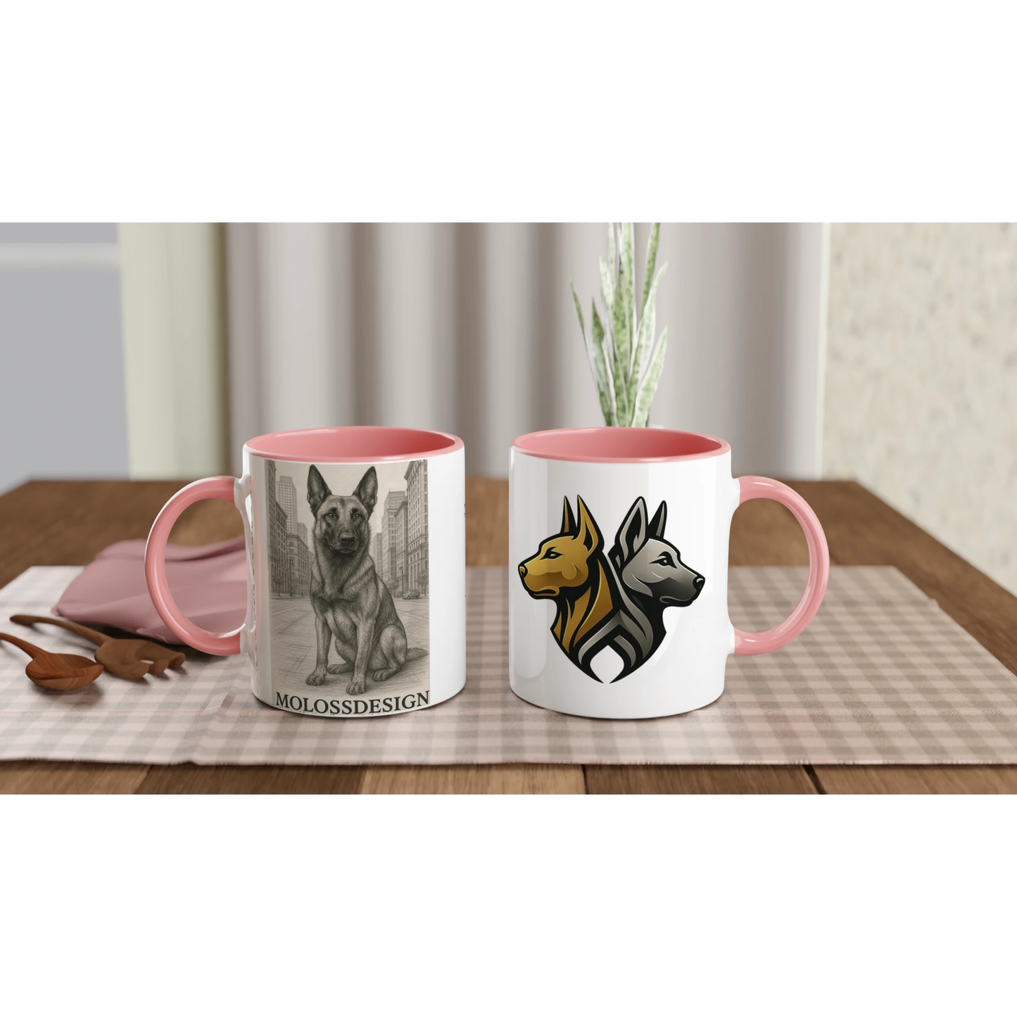 Mug céramique blanche 325 ml (11 oz) intérieur coloré rose-affiche Malinois au crayon