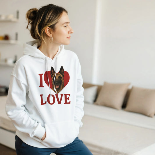 Sweat à capuche adulte unisexe classique blanc I love Malinois
