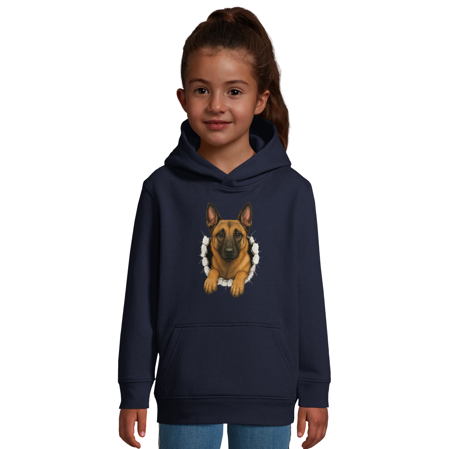 Sweat-shirt enfant à capuche bleu Malinois trou mur