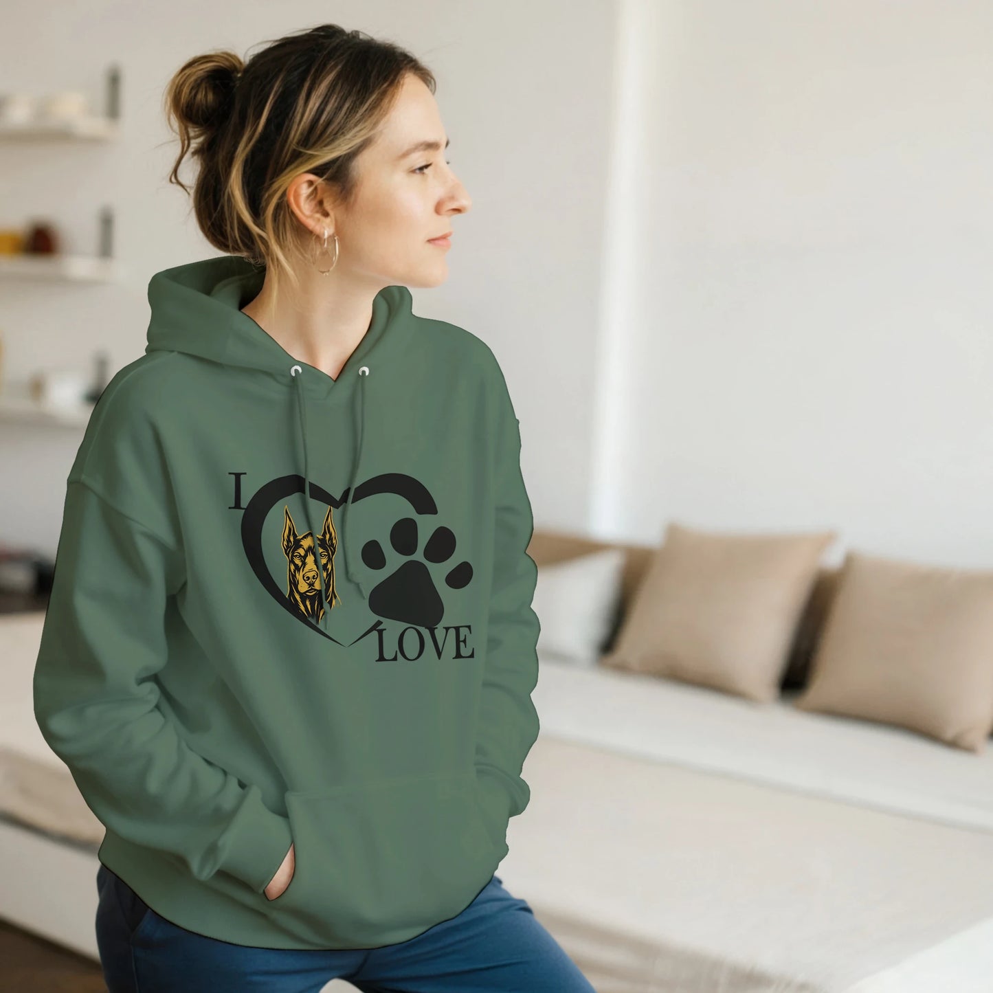 Sweat à capuche adulte unisexe classique vert I love Dobermann