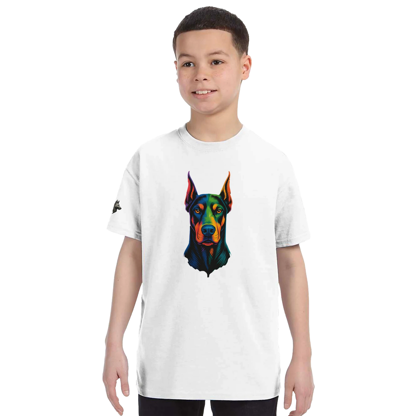 T-shirt enfant classique ras du cou tête Dobermann arc en ciel1 avec logo sur manche droite MolossDesign