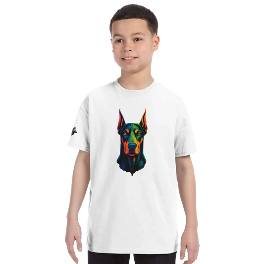 T-shirt enfant classique ras du cou tête Dobermann arc en ciel1 avec logo sur manche droite MolossDesign