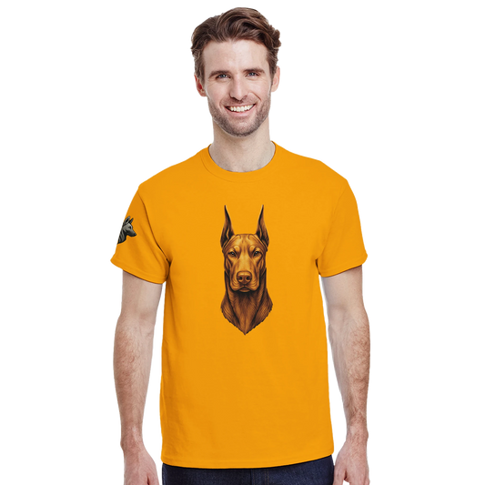 T-shirt adulte unisexe épais ras du cou jaune tête face Dobermann dorée